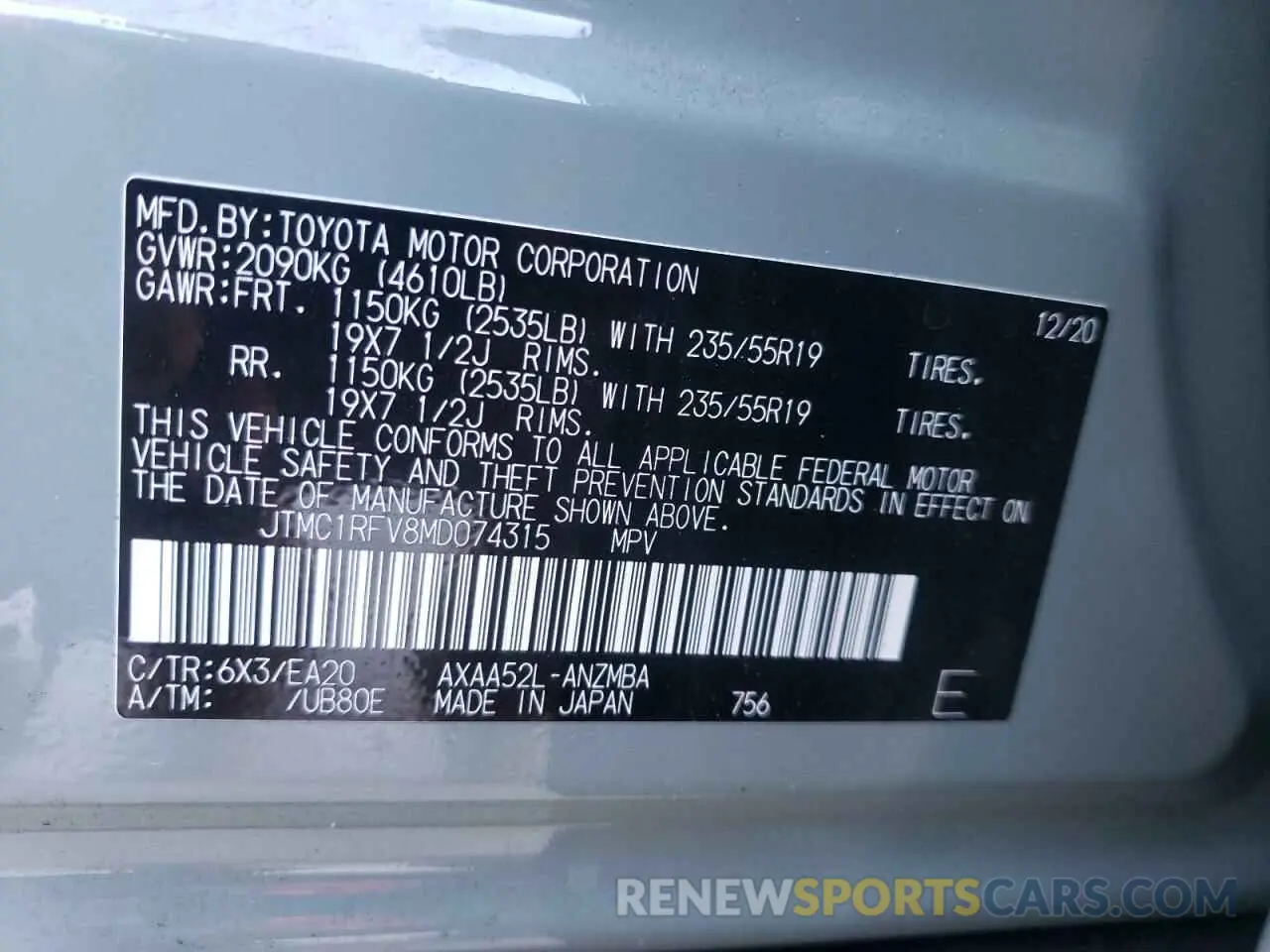 10 fotografías del automóvil dañado JTMC1RFV8MD074315 TOYOTA RAV4 2021