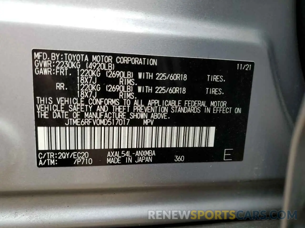 10 fotografías del automóvil dañado JTME6RFV0MD517017 TOYOTA RAV4 2021