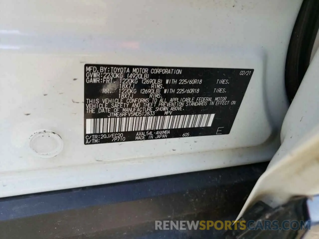 10 fotografías del automóvil dañado JTME6RFV5MD512833 TOYOTA RAV4 2021