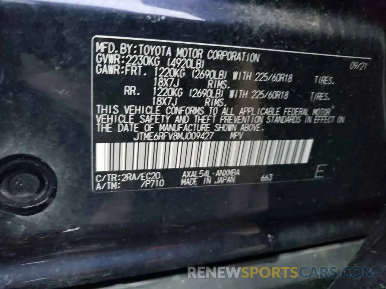 13 fotografías del automóvil dañado JTME6RFV8MJ009427 TOYOTA RAV4 2021