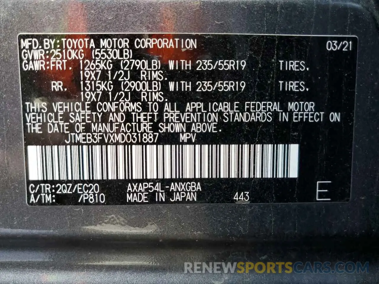 10 fotografías del automóvil dañado JTMEB3FVXMD031887 TOYOTA RAV4 2021