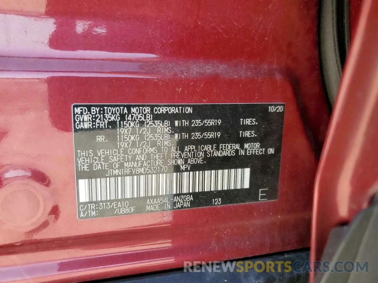13 fotografías del automóvil dañado JTMN1RFV8MD532170 TOYOTA RAV4 2021