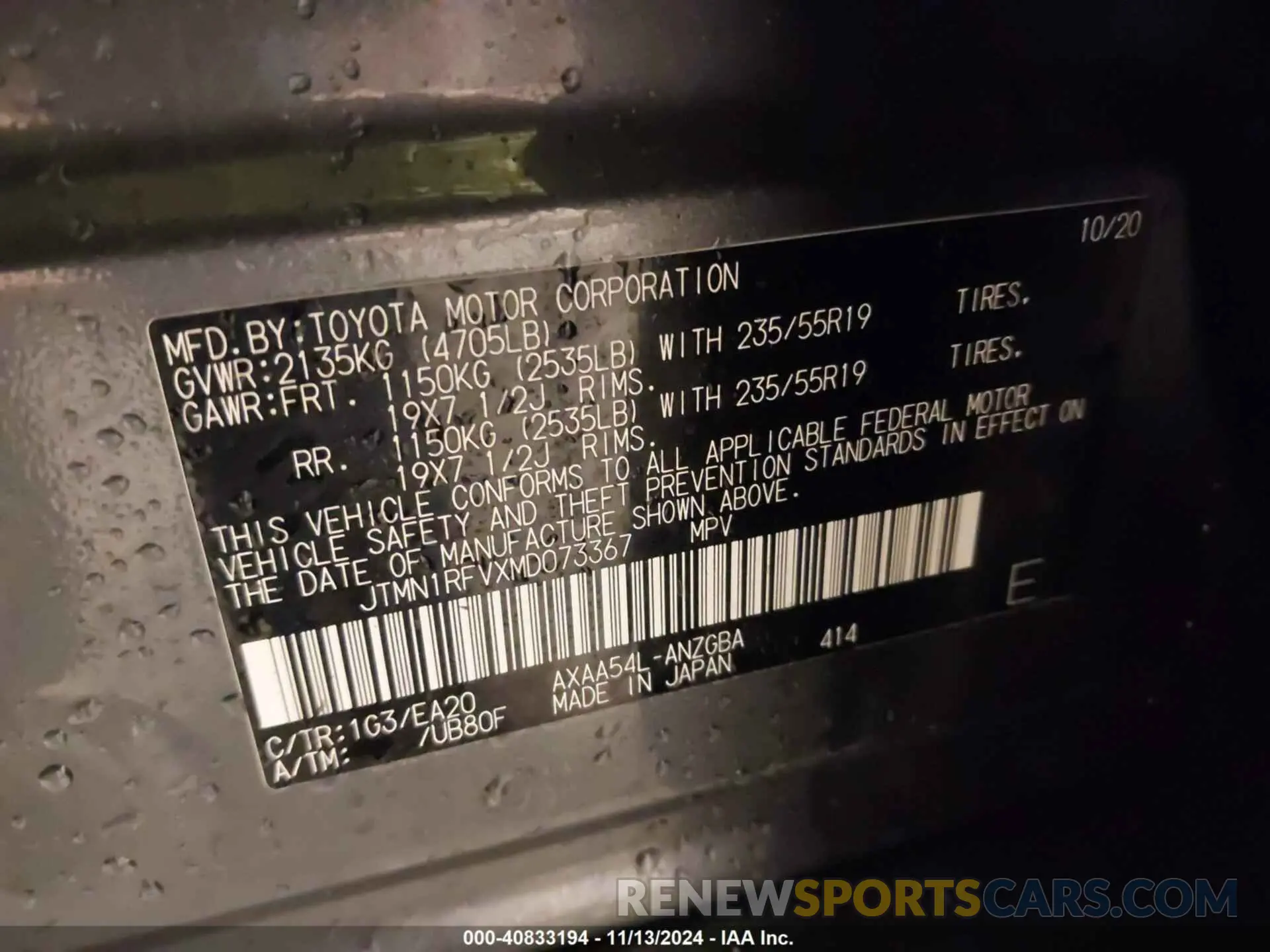 9 fotografías del automóvil dañado JTMN1RFVXMD073367 TOYOTA RAV4 2021
