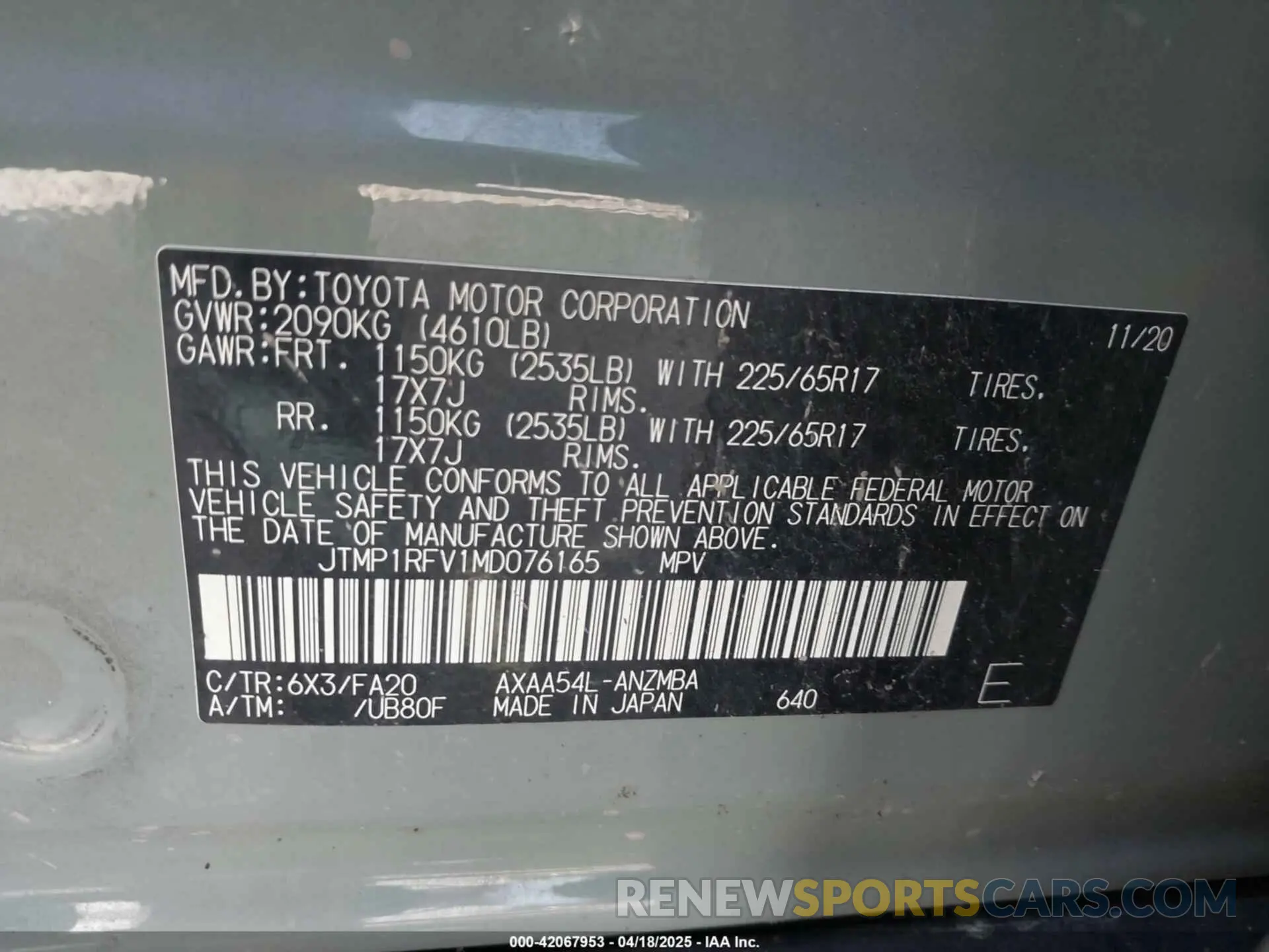 9 fotografías del automóvil dañado JTMP1RFV1MD076165 TOYOTA RAV4 2021