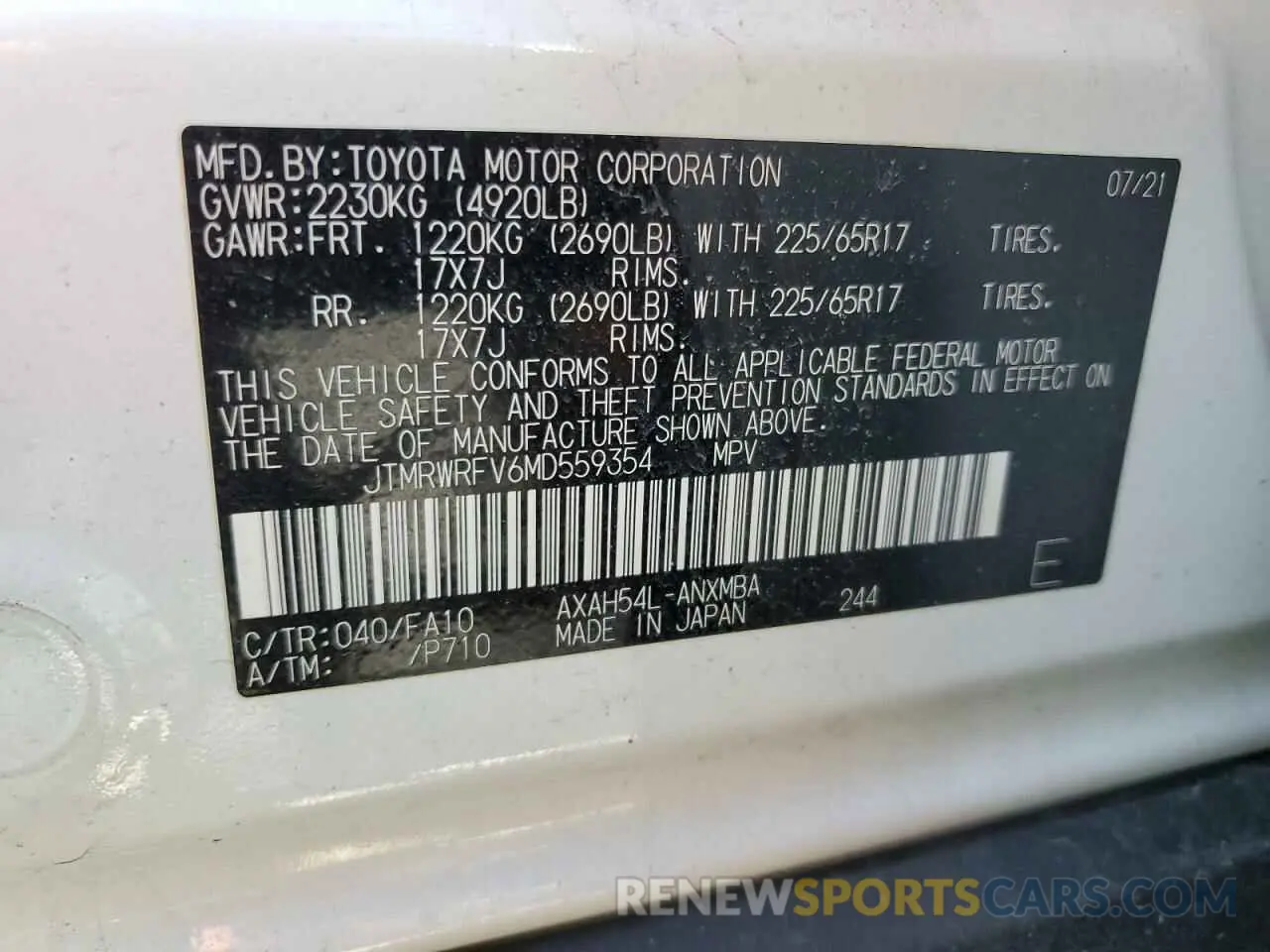 15 fotografías del automóvil dañado JTMRWRFV6MD559354 TOYOTA RAV4 2021