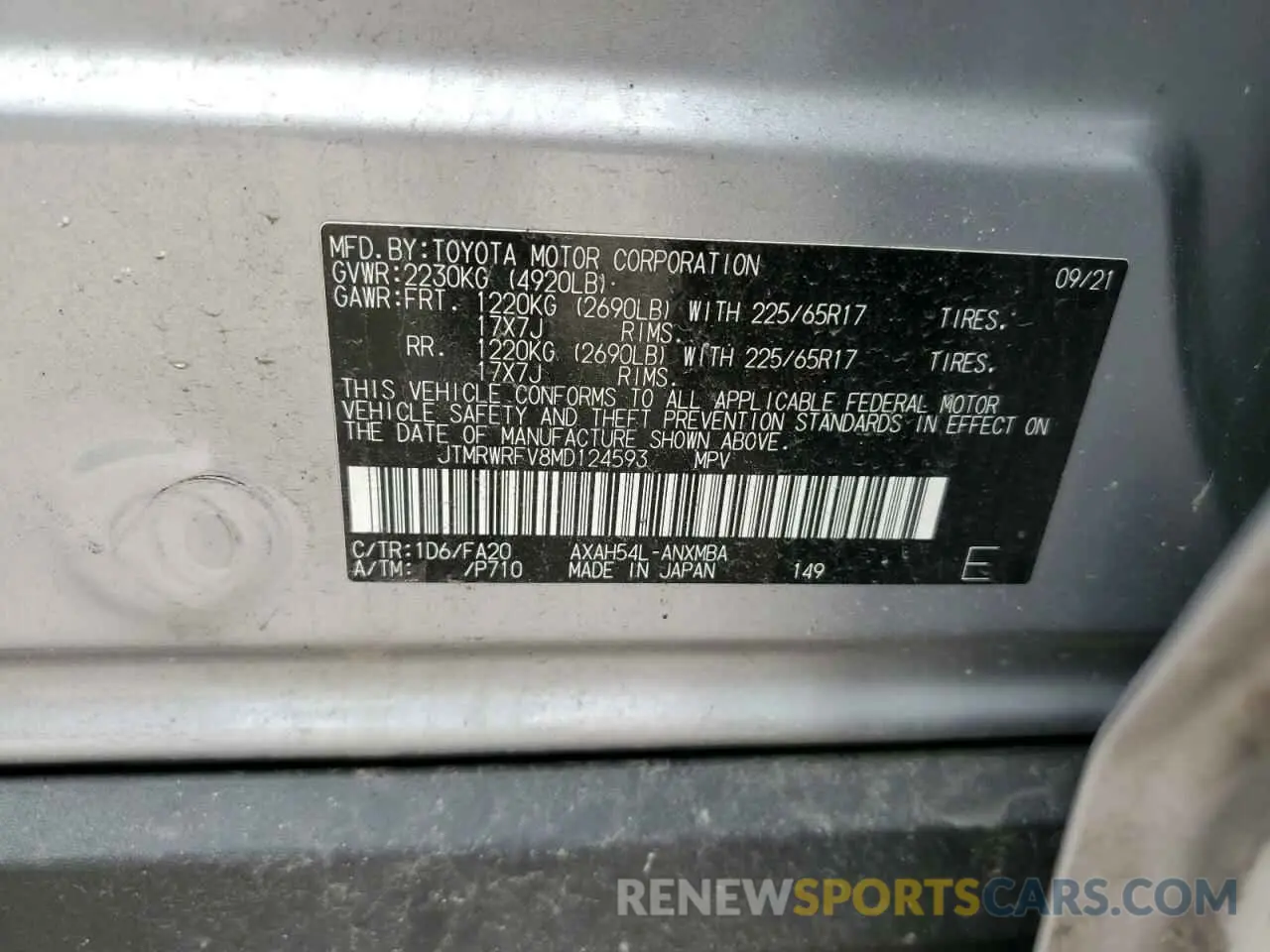 13 fotografías del automóvil dañado JTMRWRFV8MD124593 TOYOTA RAV4 2021