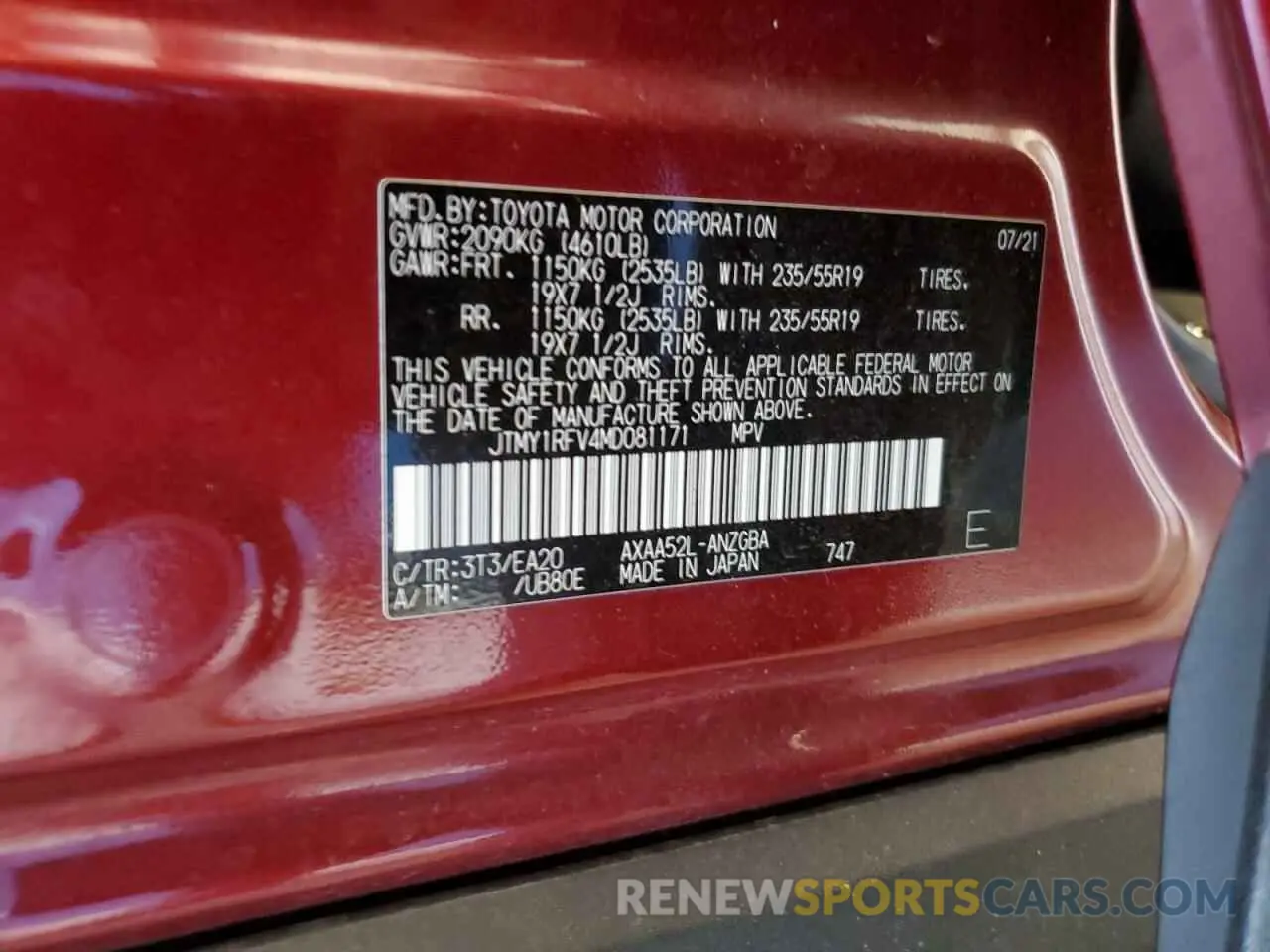 13 fotografías del automóvil dañado JTMY1RFV4MD081171 TOYOTA RAV4 2021