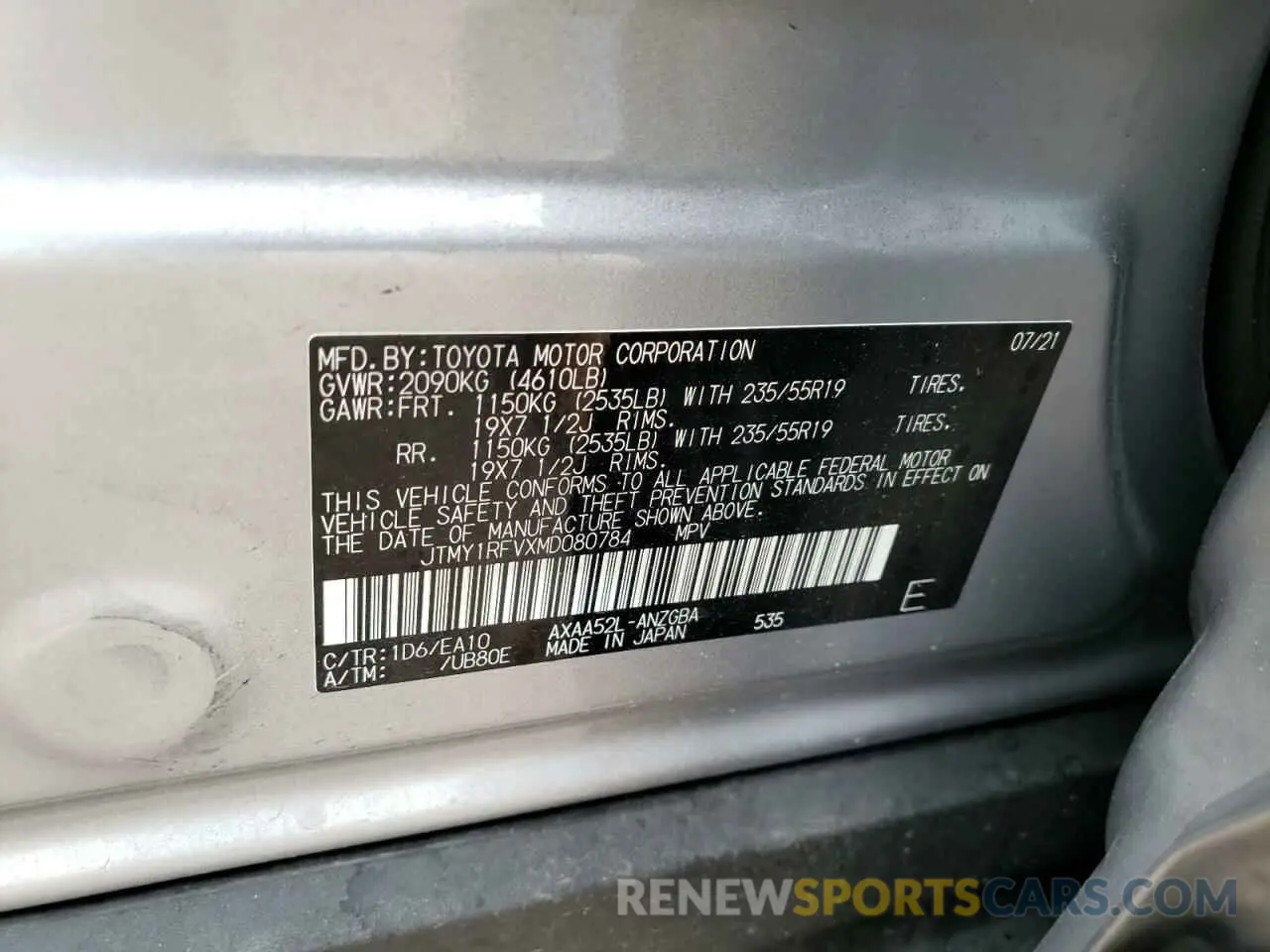 10 fotografías del automóvil dañado JTMY1RFVXMD080784 TOYOTA RAV4 2021