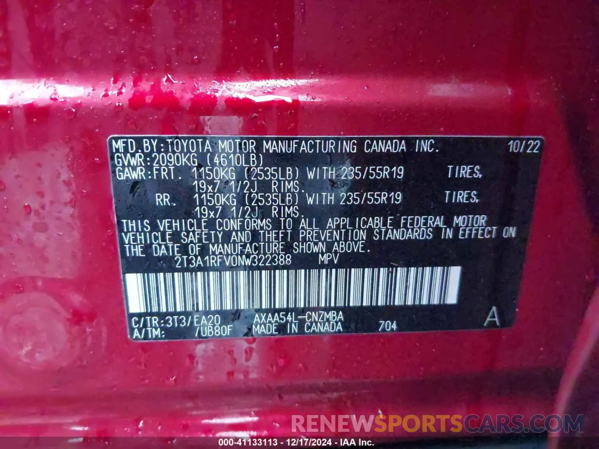 9 fotografías del automóvil dañado 2T3A1RFV0NW322388 TOYOTA RAV4 2022