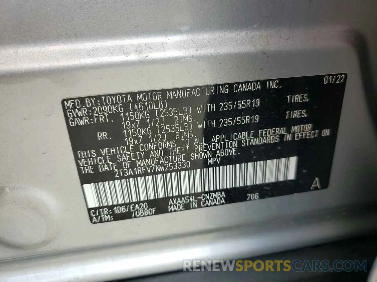 14 fotografías del automóvil dañado 2T3A1RFV7NW253330 TOYOTA RAV4 2022