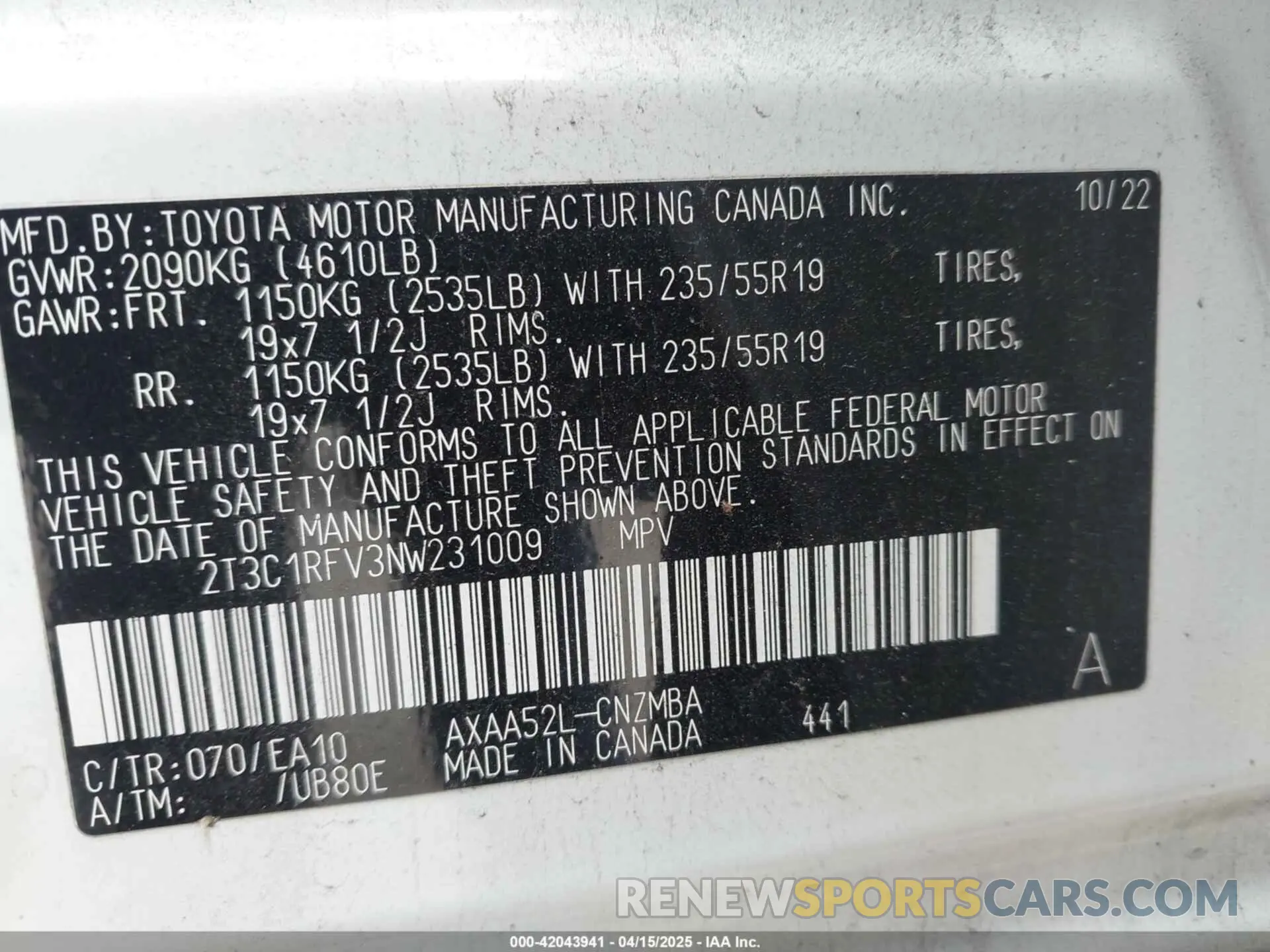 9 fotografías del automóvil dañado 2T3C1RFV3NW231009 TOYOTA RAV4 2022