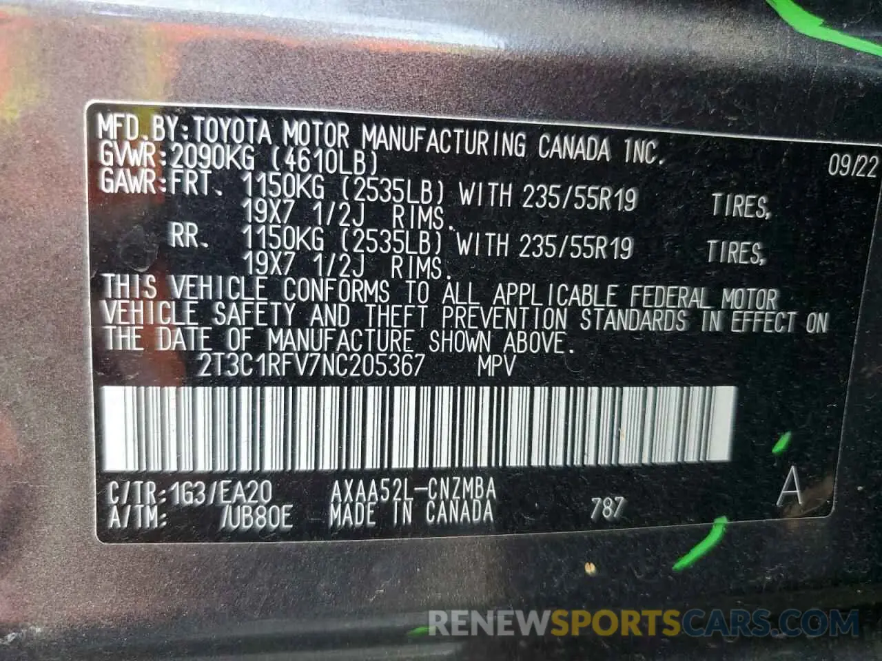 12 fotografías del automóvil dañado 2T3C1RFV7NC205367 TOYOTA RAV4 2022