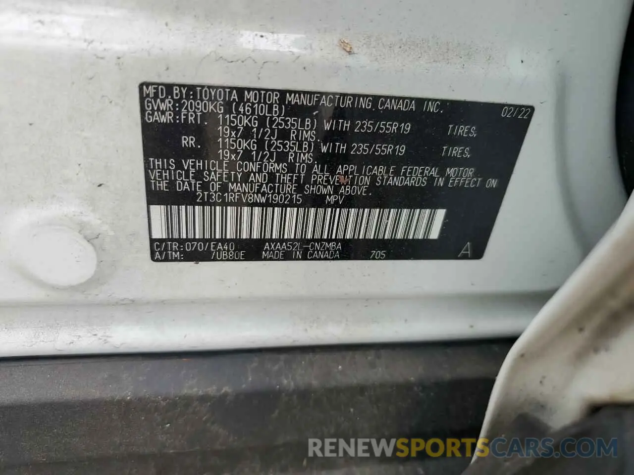 13 fotografías del automóvil dañado 2T3C1RFV8NW190215 TOYOTA RAV4 2022