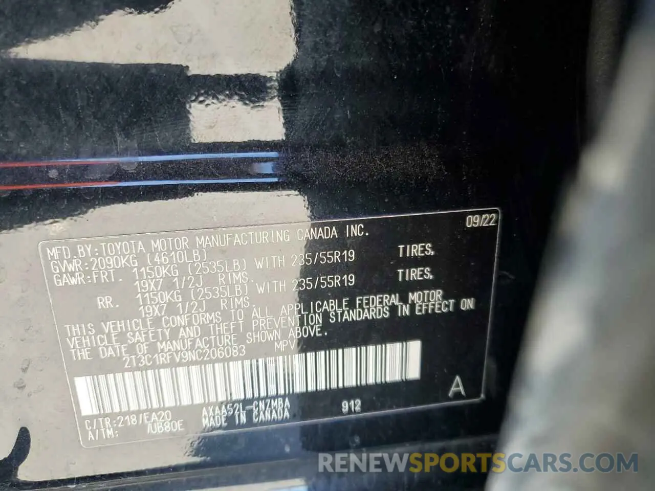 12 fotografías del automóvil dañado 2T3C1RFV9NC206083 TOYOTA RAV4 2022
