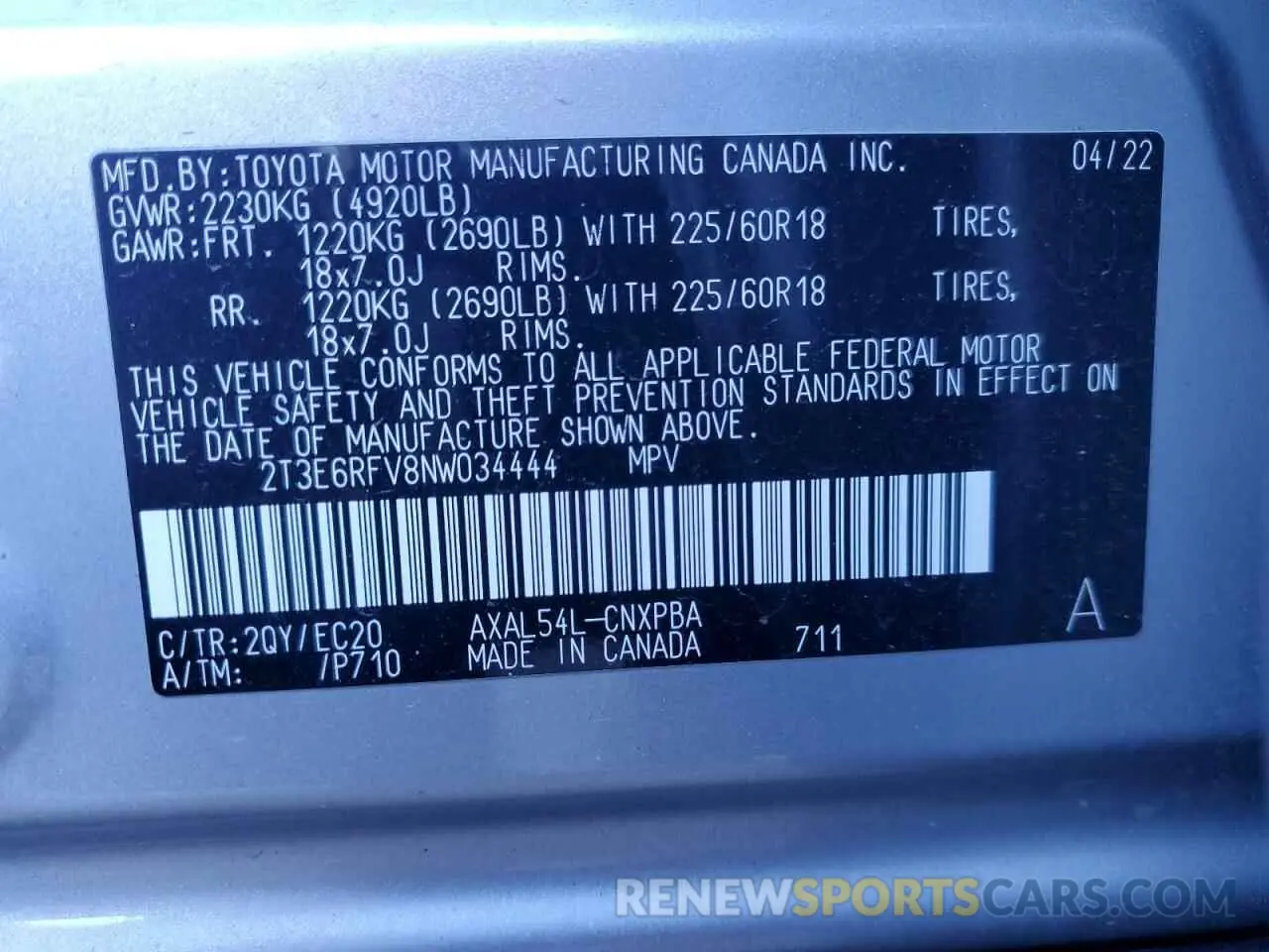 14 fotografías del automóvil dañado 2T3E6RFV8NW034444 TOYOTA RAV4 2022