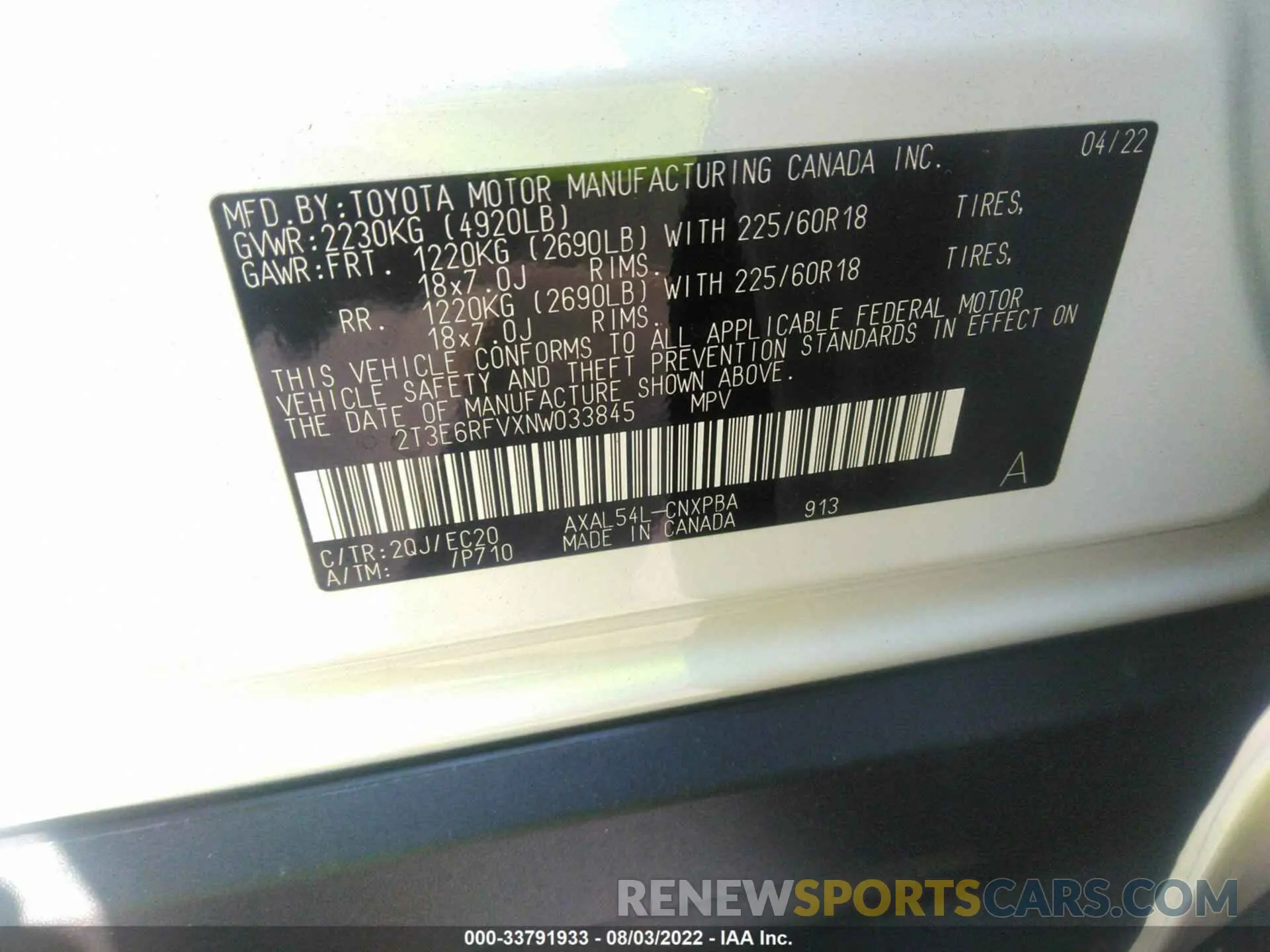 9 fotografías del automóvil dañado 2T3E6RFVXNW033845 TOYOTA RAV4 2022