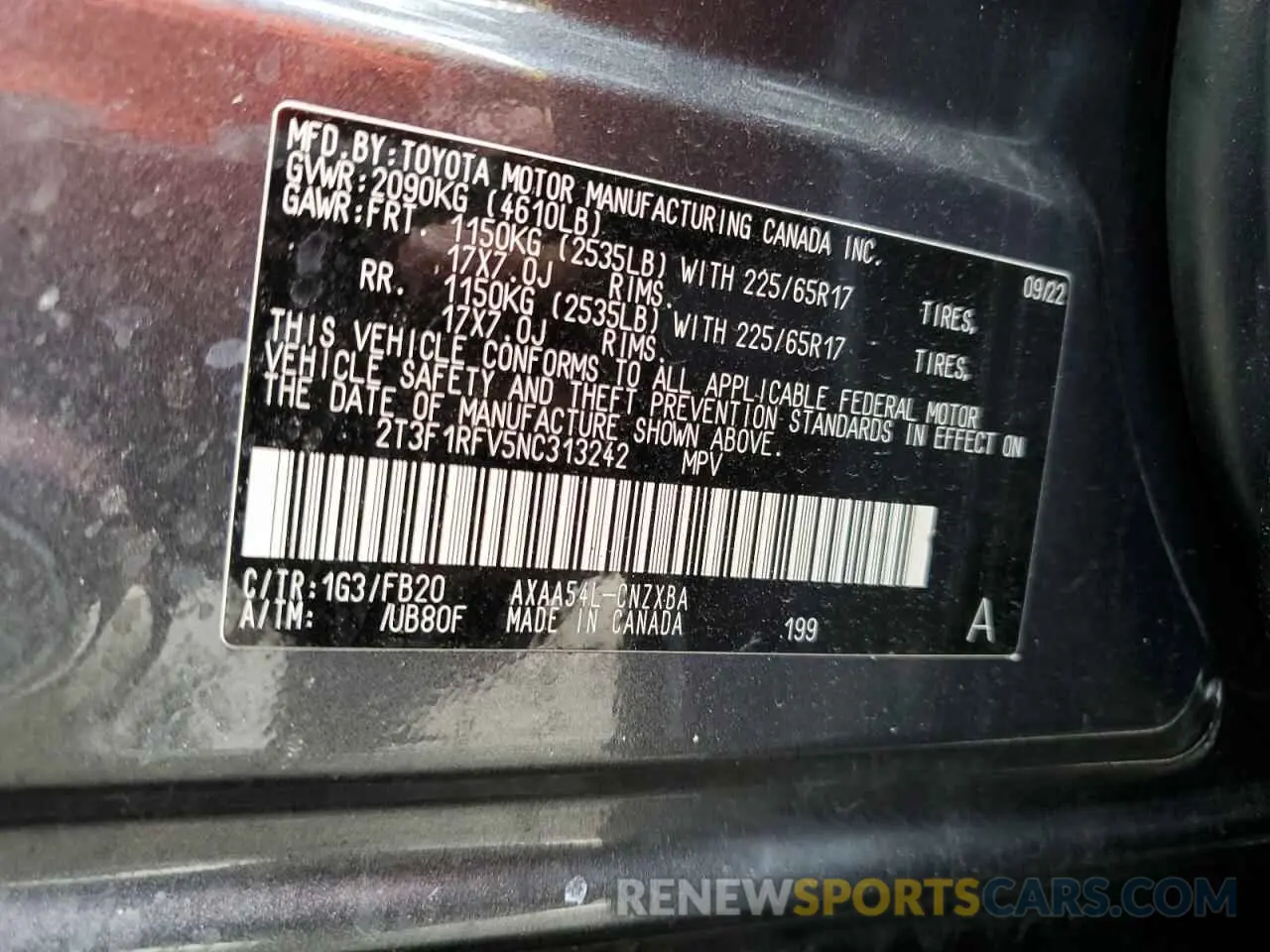 14 fotografías del automóvil dañado 2T3F1RFV5NC313242 TOYOTA RAV4 2022