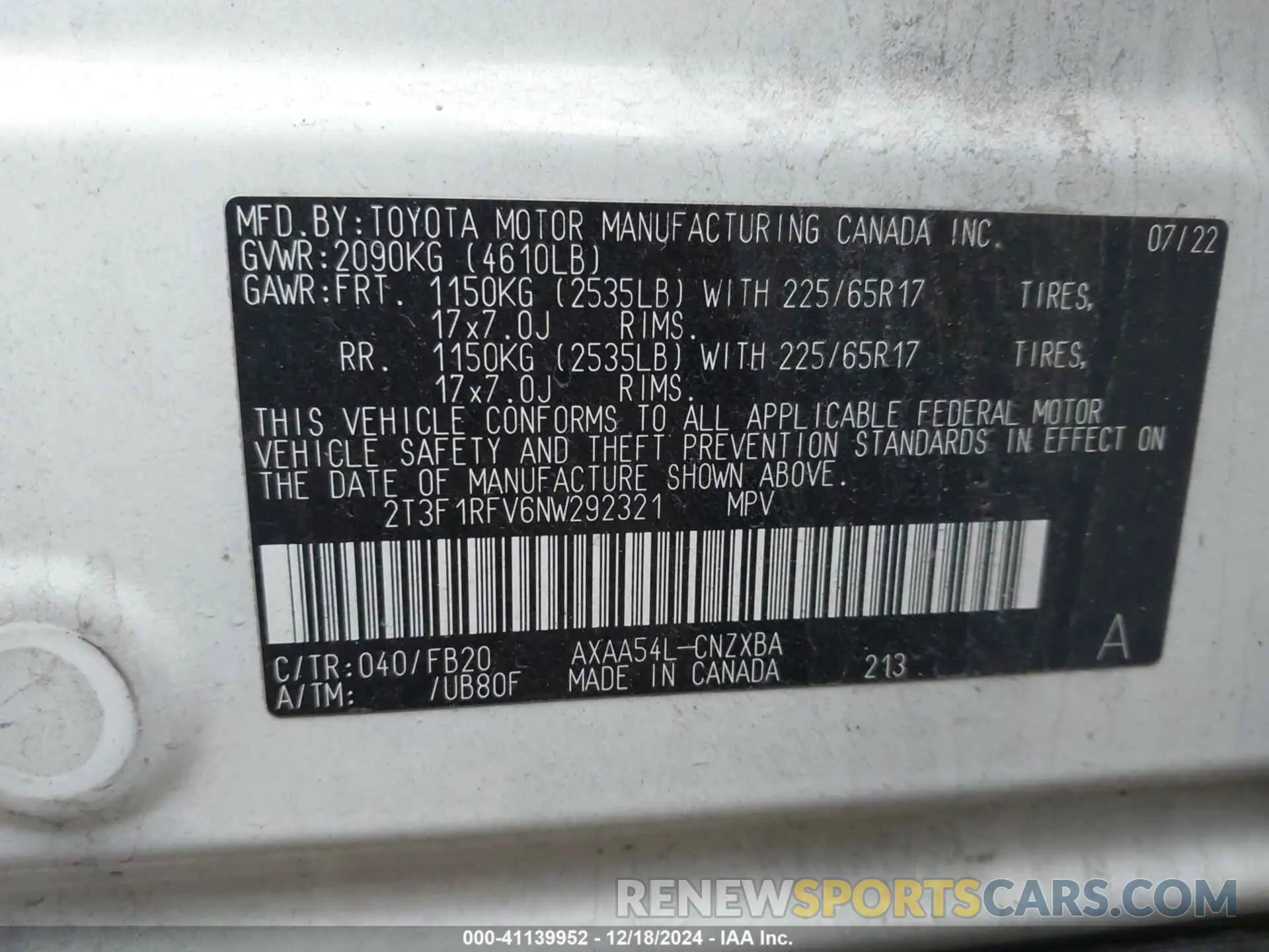 9 fotografías del automóvil dañado 2T3F1RFV6NW292321 TOYOTA RAV4 2022