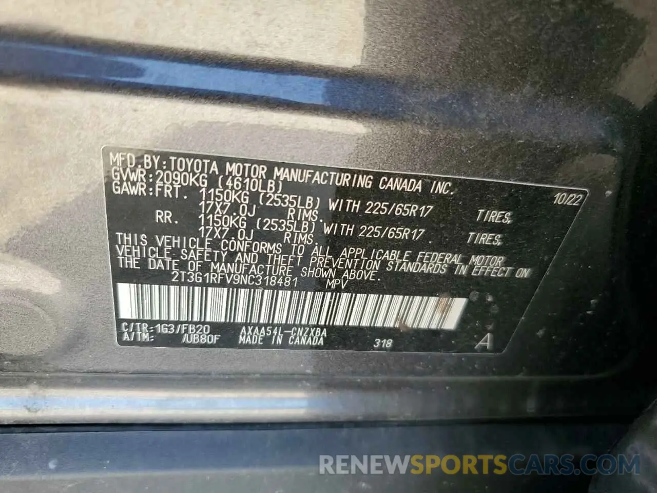 12 fotografías del automóvil dañado 2T3G1RFV9NC318481 TOYOTA RAV4 2022