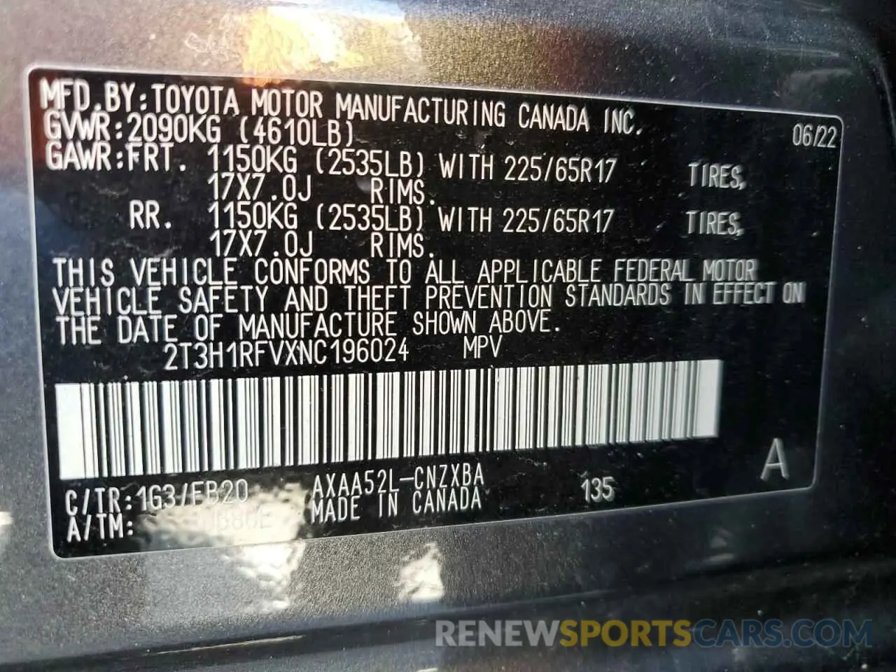 15 fotografías del automóvil dañado 2T3H1RFVXNC196024 TOYOTA RAV4 2022