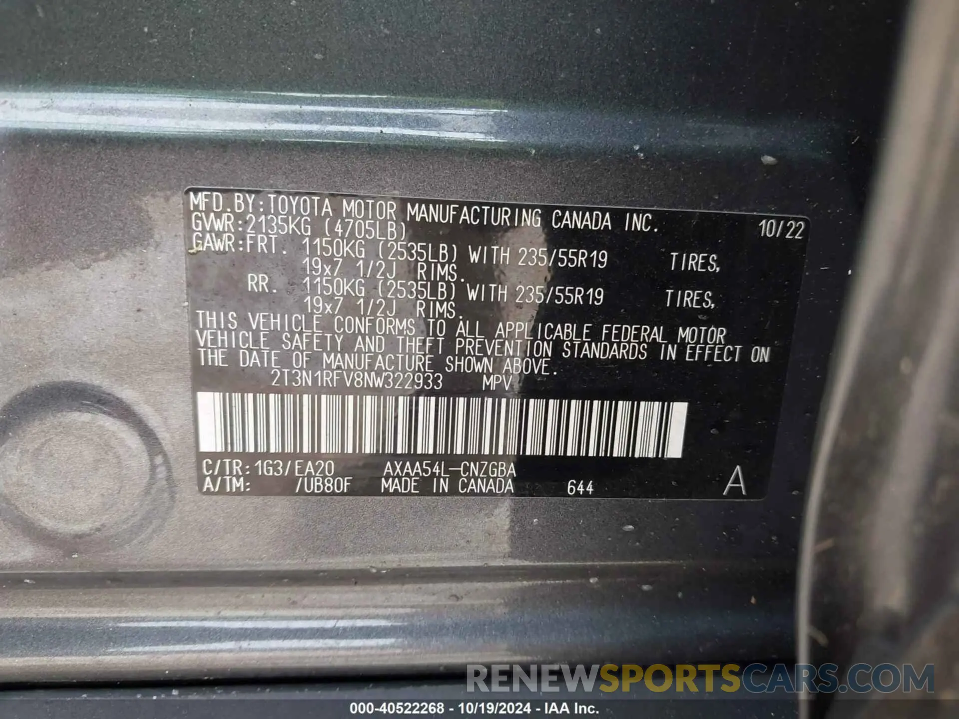 9 fotografías del automóvil dañado 2T3N1RFV8NW322933 TOYOTA RAV4 2022