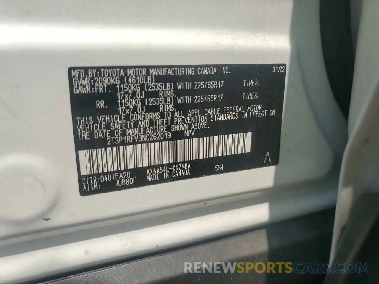 13 fotografías del automóvil dañado 2T3P1RFV3NC262019 TOYOTA RAV4 2022