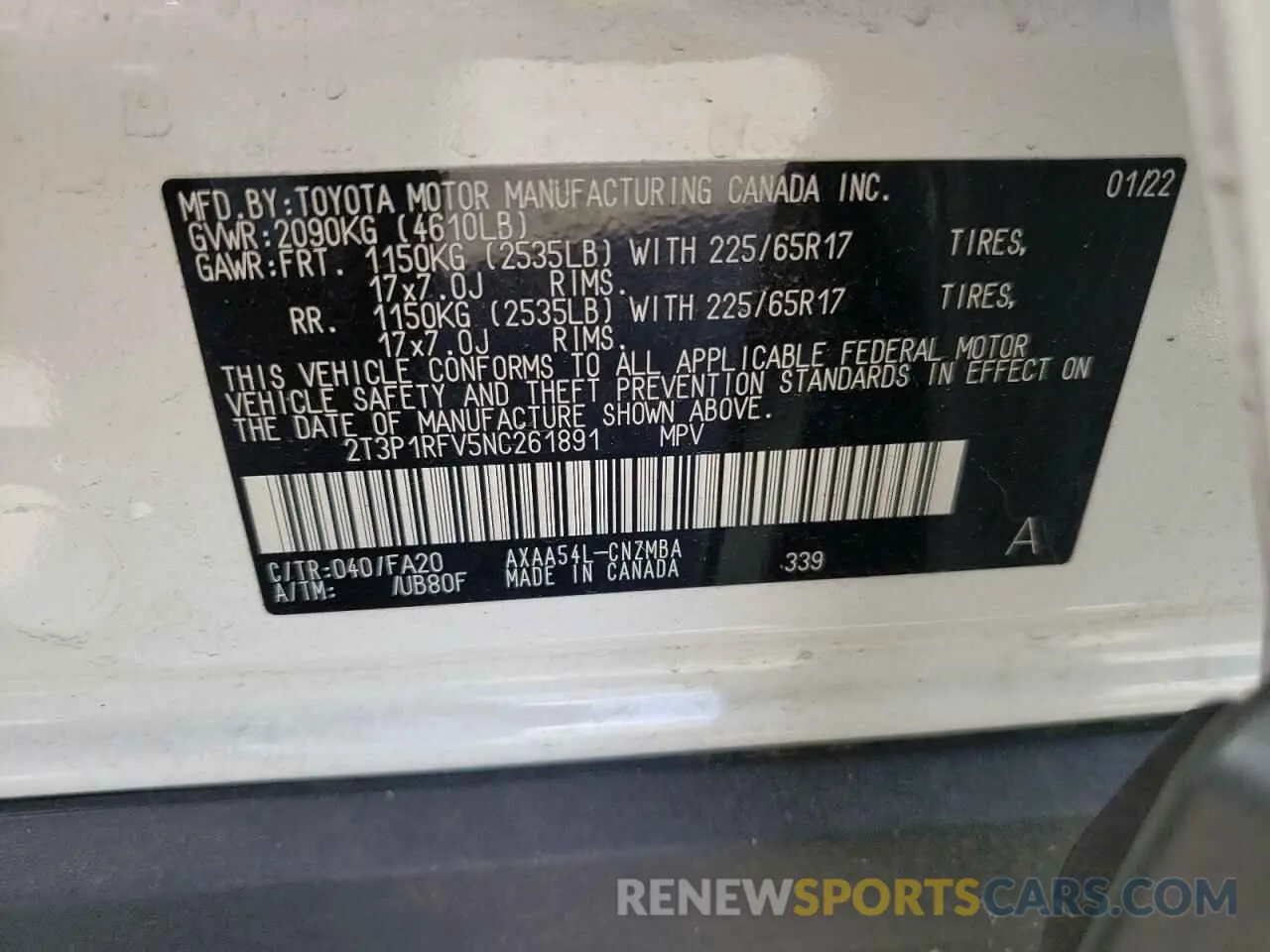 10 fotografías del automóvil dañado 2T3P1RFV5NC261891 TOYOTA RAV4 2022