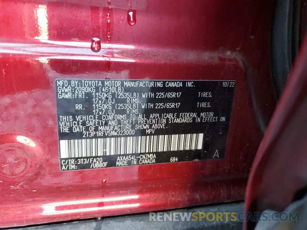 15 fotografías del automóvil dañado 2T3P1RFV5NW323000 TOYOTA RAV4 2022