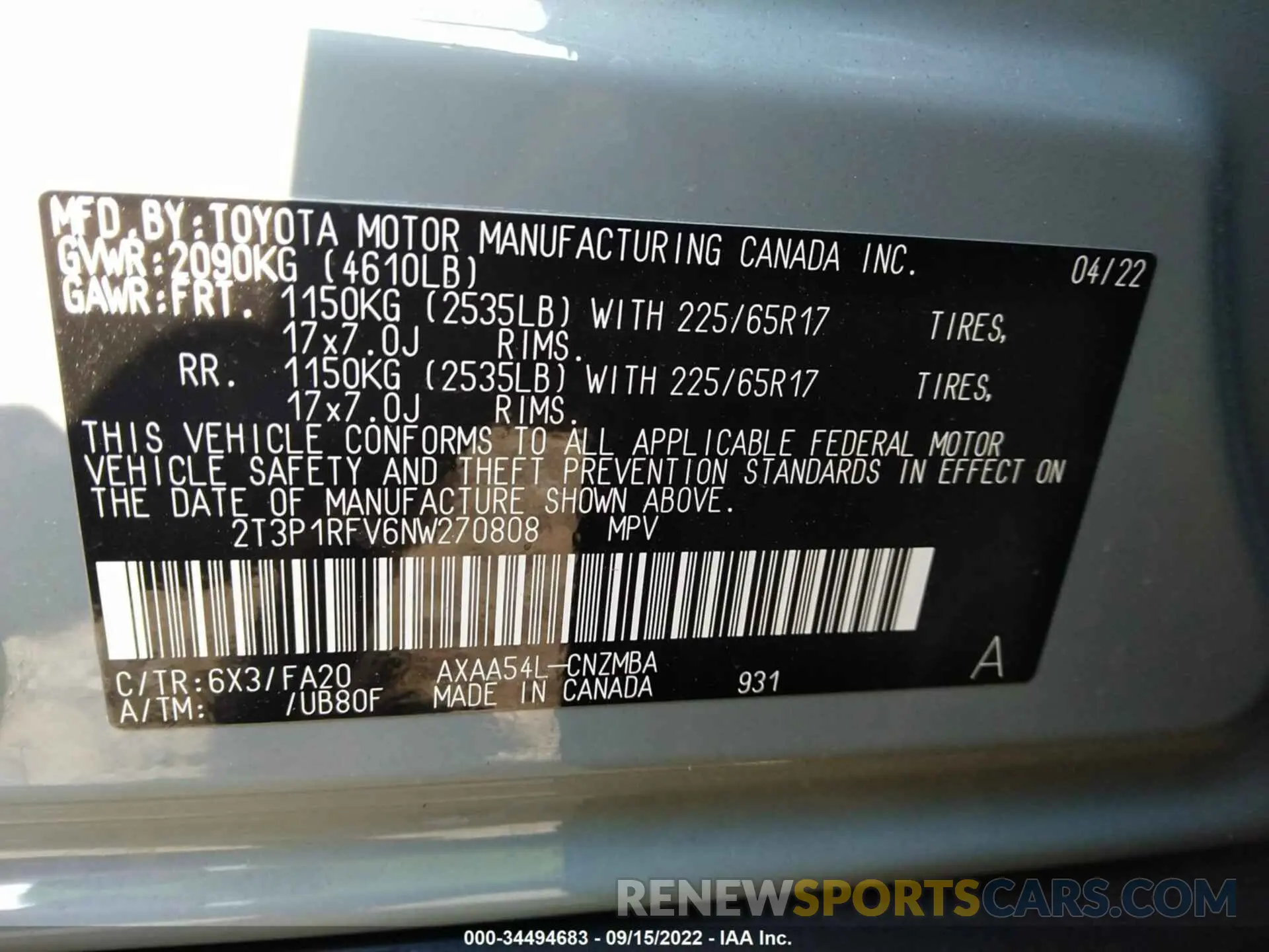 9 fotografías del automóvil dañado 2T3P1RFV6NW270808 TOYOTA RAV4 2022