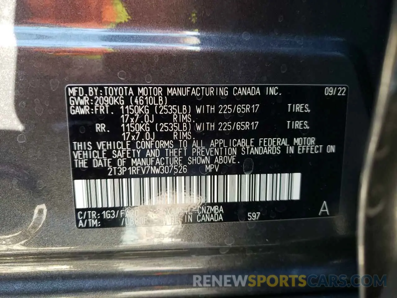 10 fotografías del automóvil dañado 2T3P1RFV7NW307526 TOYOTA RAV4 2022