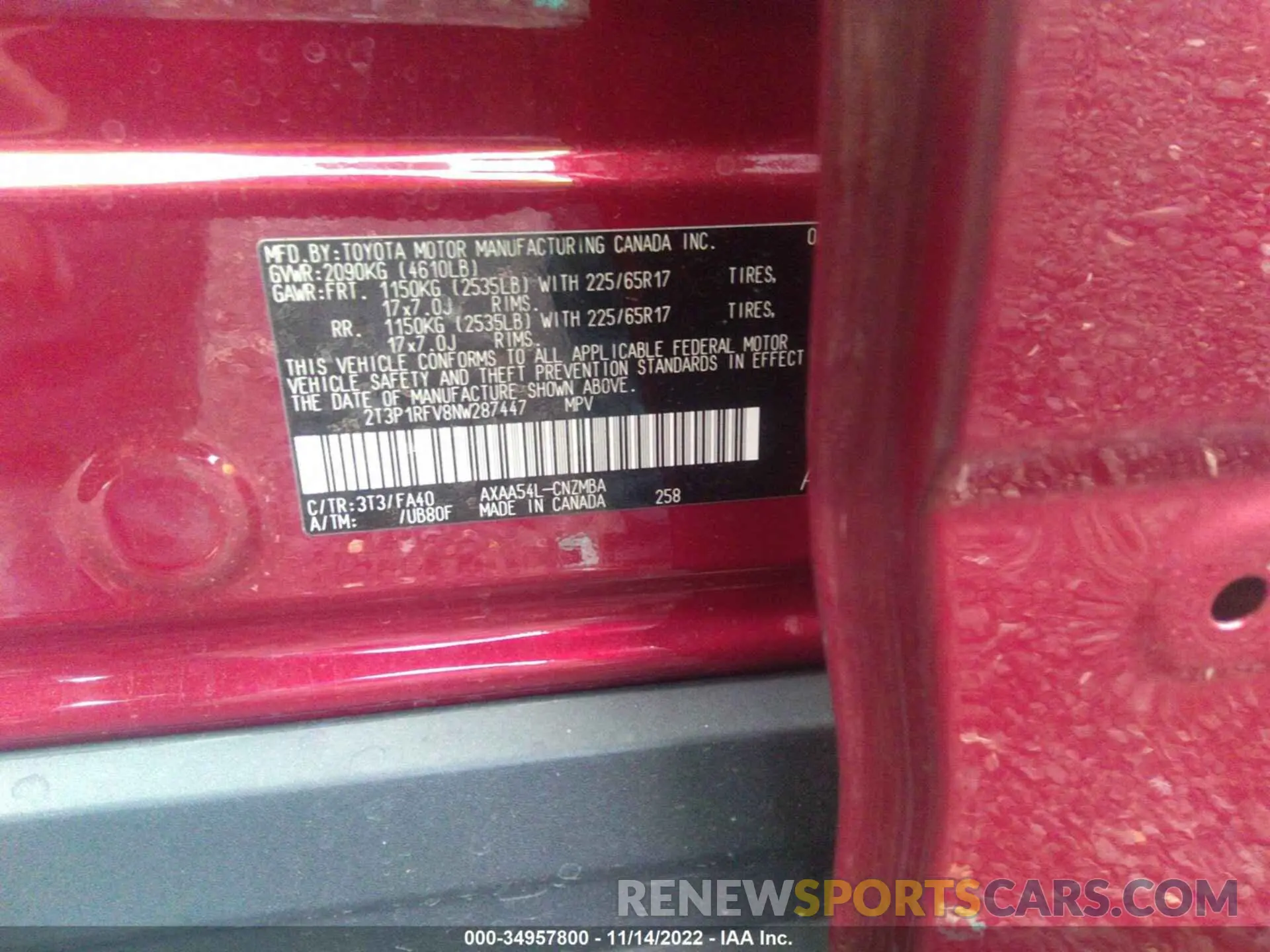 9 fotografías del automóvil dañado 2T3P1RFV8NW287447 TOYOTA RAV4 2022