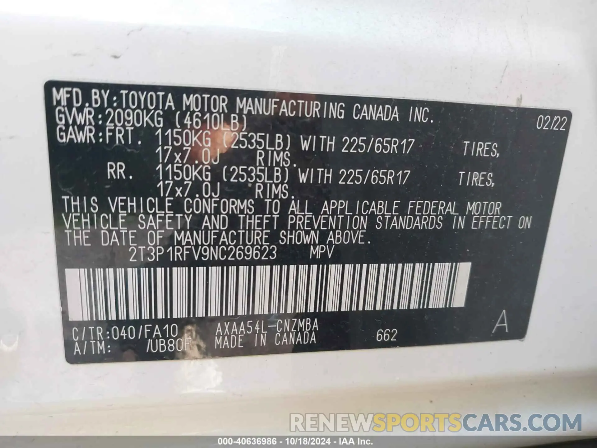 9 fotografías del automóvil dañado 2T3P1RFV9NC269623 TOYOTA RAV4 2022