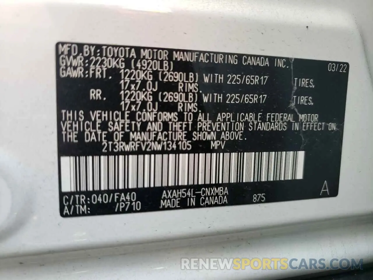 10 fotografías del automóvil dañado 2T3RWRFV2NW134105 TOYOTA RAV4 2022