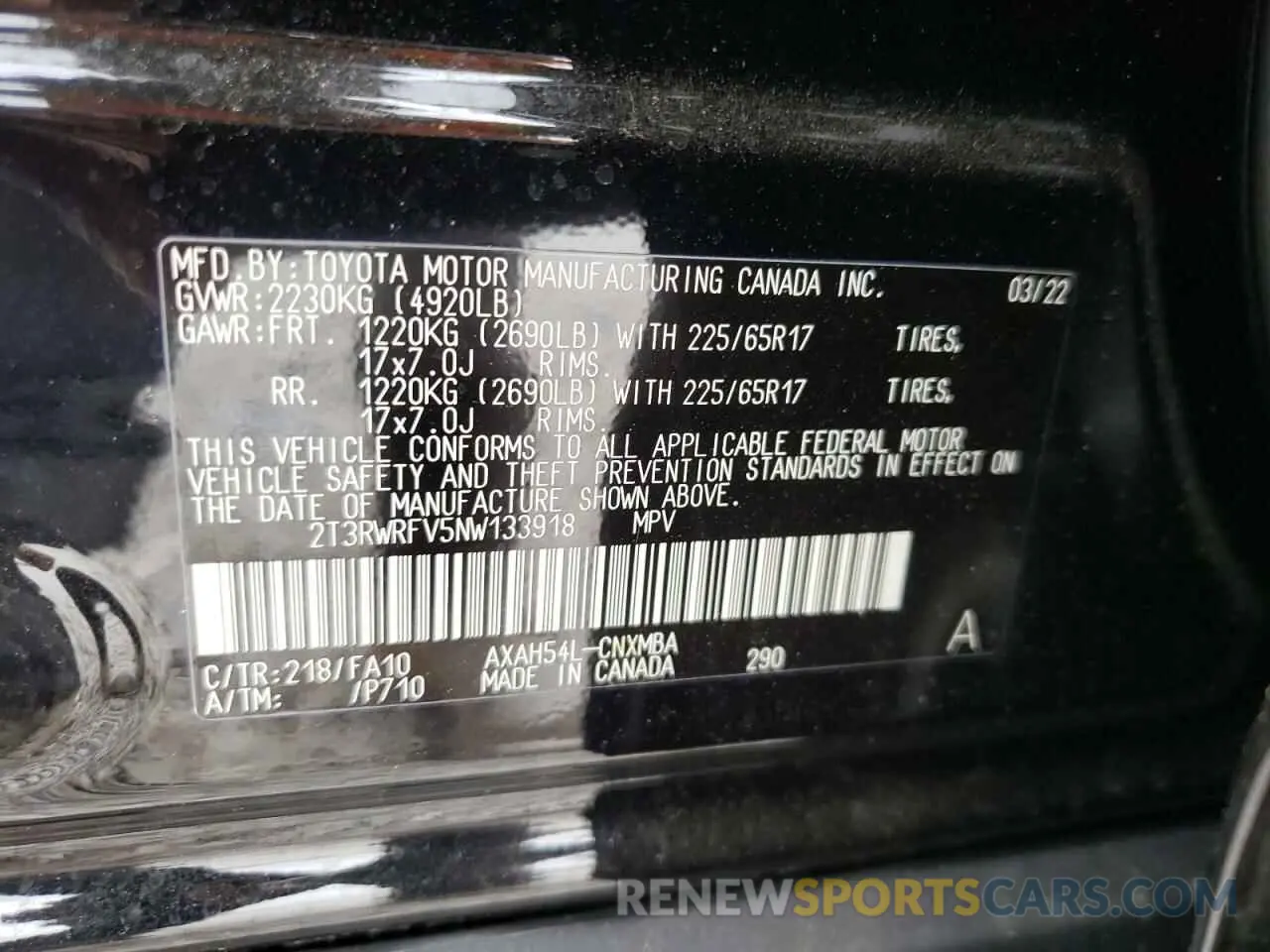 10 fotografías del automóvil dañado 2T3RWRFV5NW133918 TOYOTA RAV4 2022