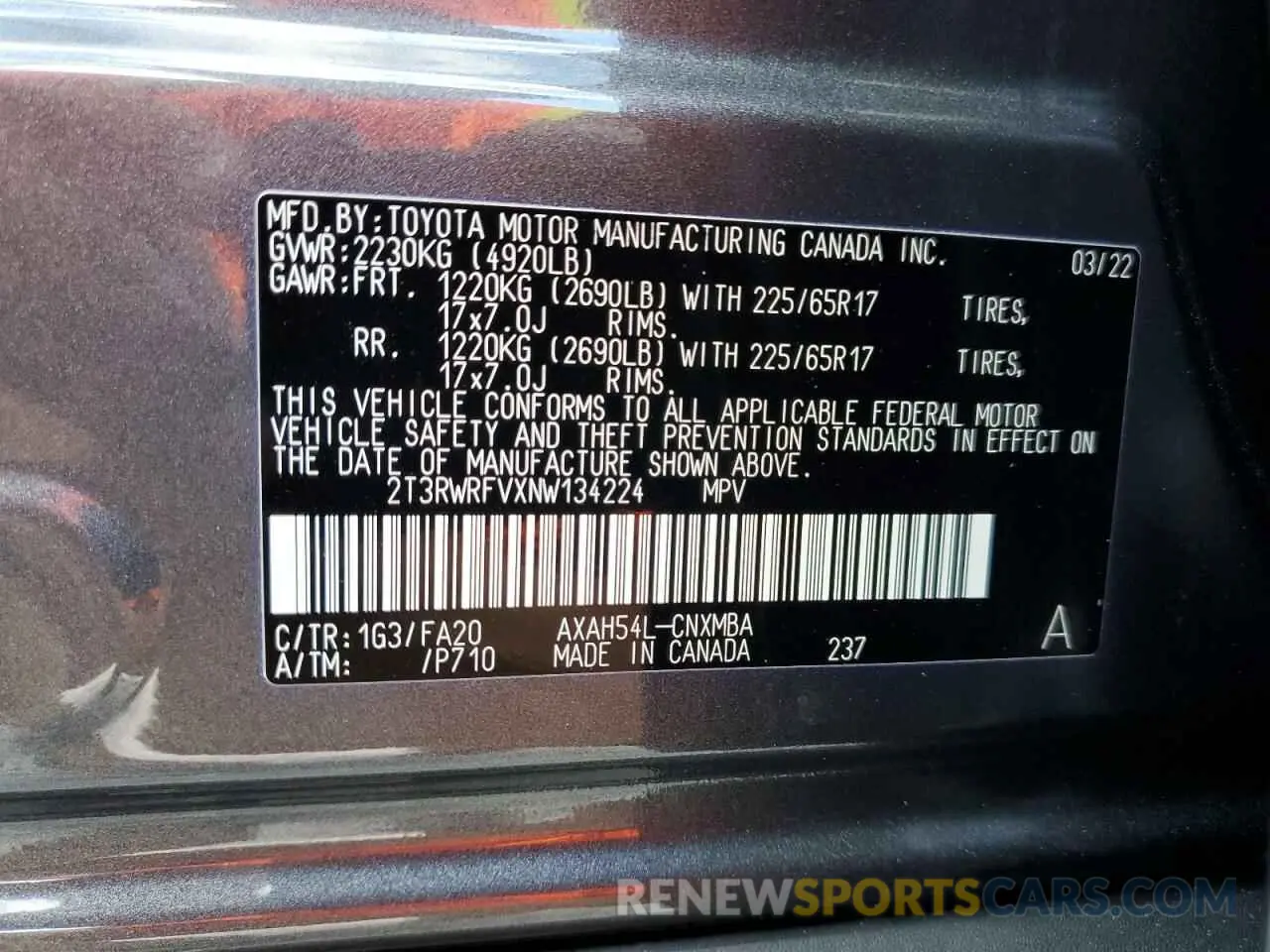 10 fotografías del automóvil dañado 2T3RWRFVXNW134224 TOYOTA RAV4 2022
