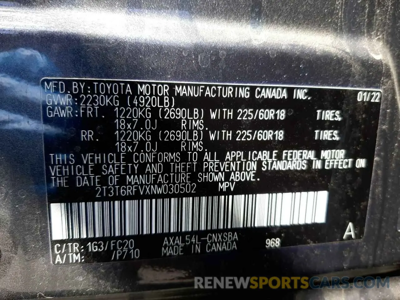 10 fotografías del automóvil dañado 2T3T6RFVXNW030502 TOYOTA RAV4 2022
