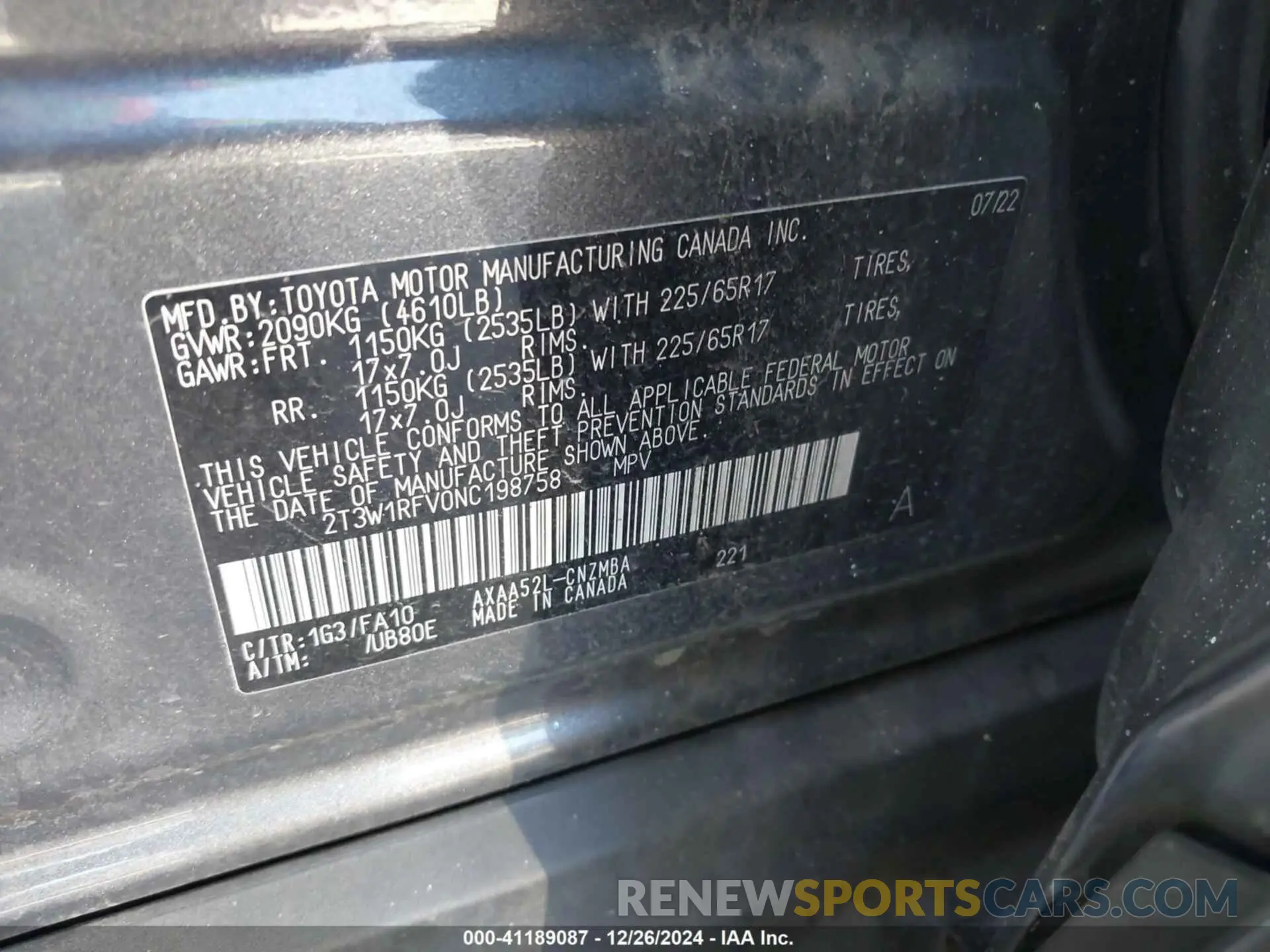 9 fotografías del automóvil dañado 2T3W1RFV0NC198758 TOYOTA RAV4 2022