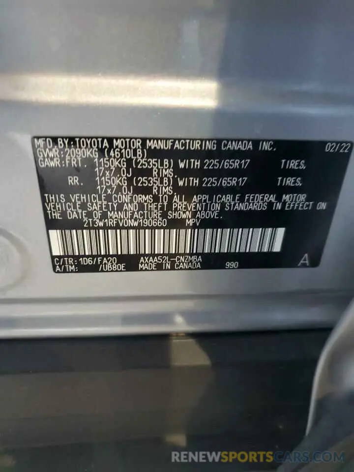 12 fotografías del automóvil dañado 2T3W1RFV0NW190660 TOYOTA RAV4 2022