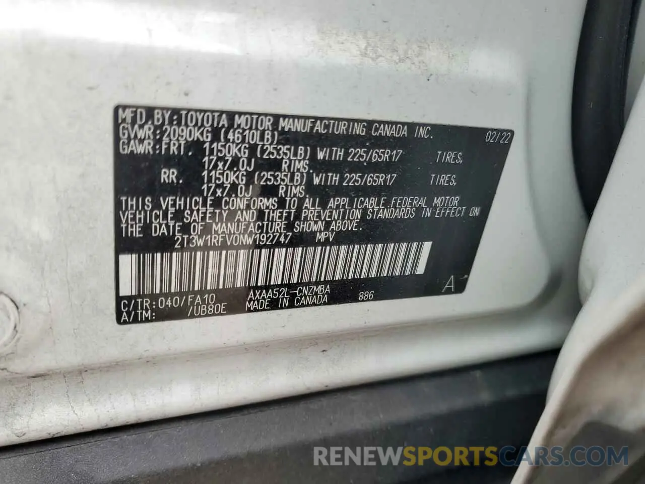 12 fotografías del automóvil dañado 2T3W1RFV0NW192747 TOYOTA RAV4 2022
