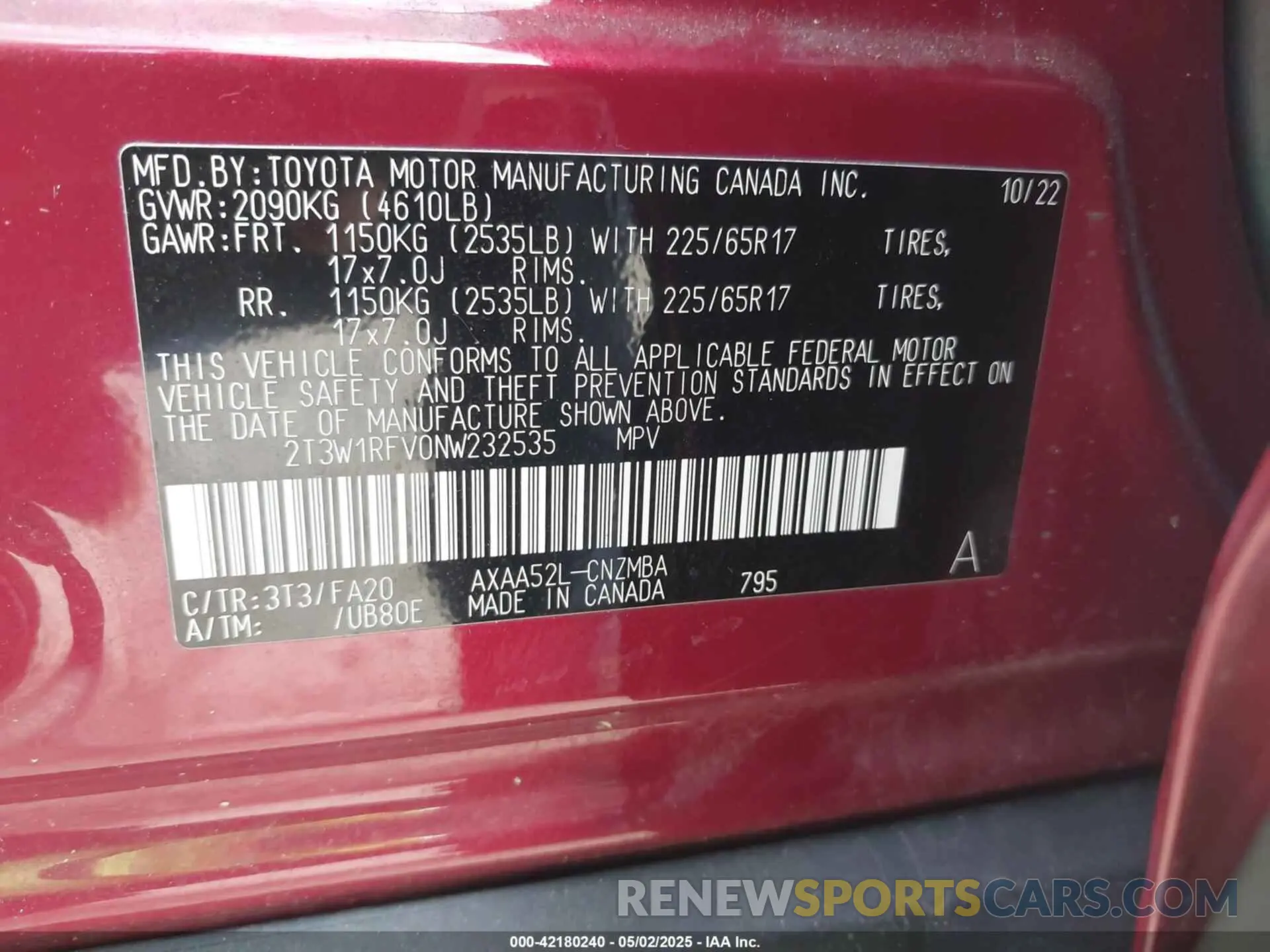 9 fotografías del automóvil dañado 2T3W1RFV0NW232535 TOYOTA RAV4 2022