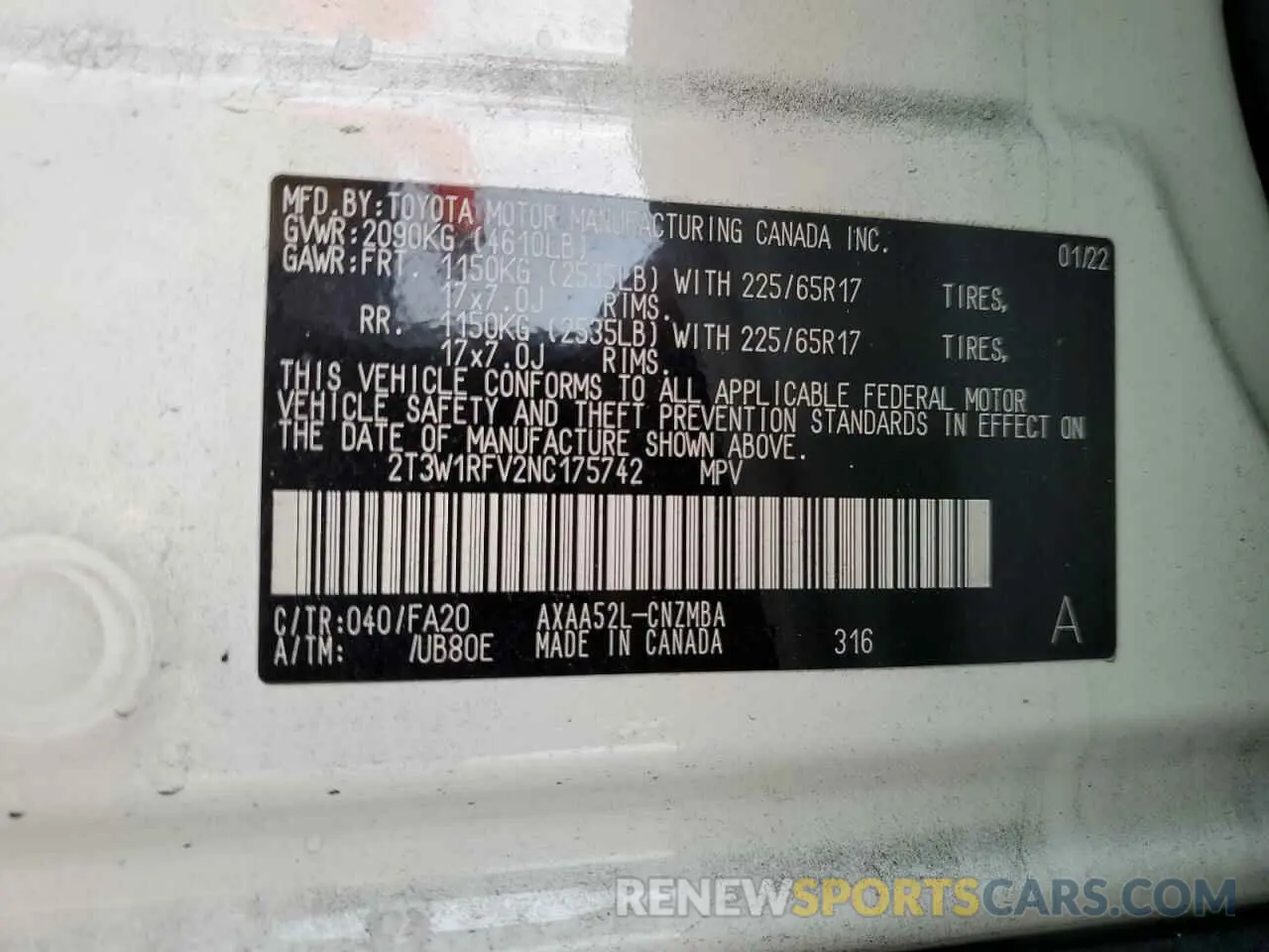12 fotografías del automóvil dañado 2T3W1RFV2NC175742 TOYOTA RAV4 2022