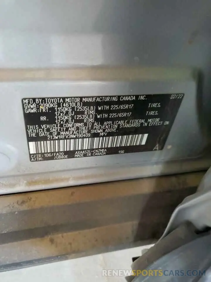 13 fotografías del automóvil dañado 2T3W1RFV3NW190409 TOYOTA RAV4 2022