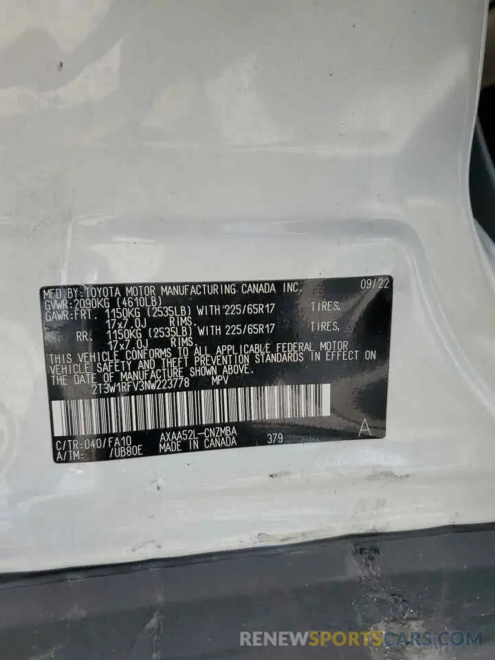 13 fotografías del automóvil dañado 2T3W1RFV3NW223778 TOYOTA RAV4 2022