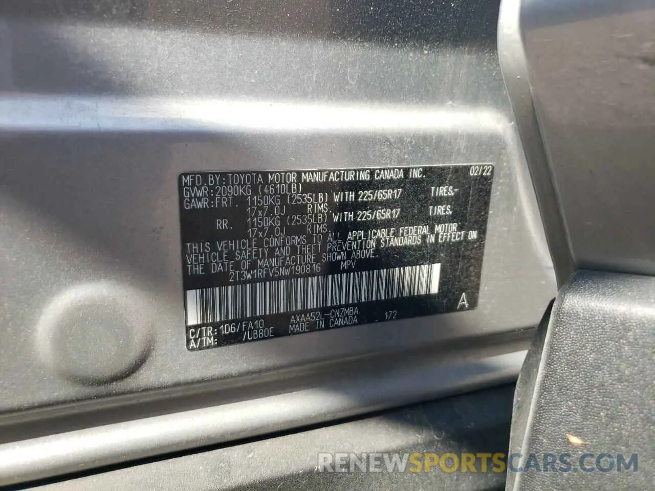 14 fotografías del automóvil dañado 2T3W1RFV5NW190816 TOYOTA RAV4 2022
