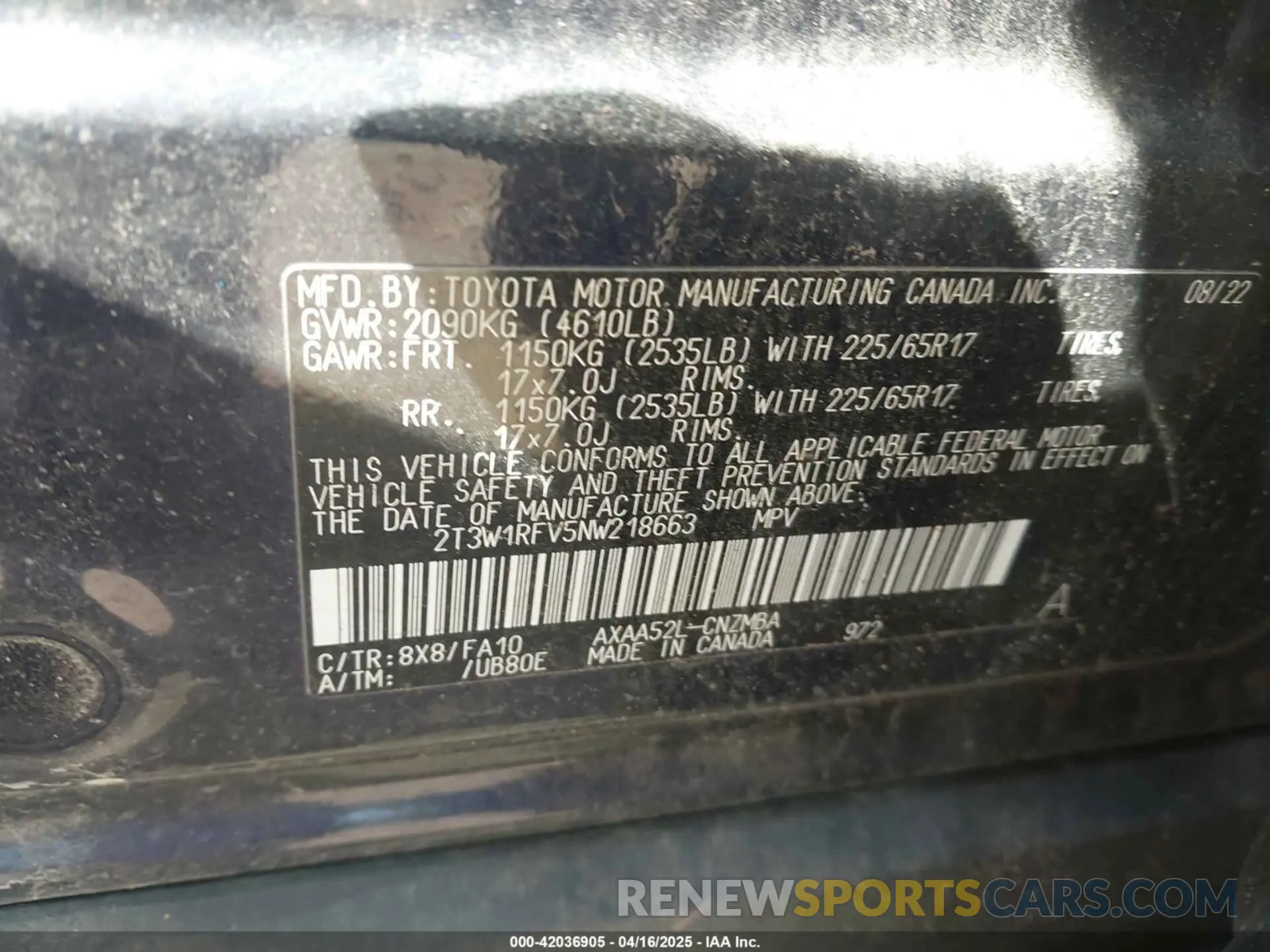 9 fotografías del automóvil dañado 2T3W1RFV5NW218663 TOYOTA RAV4 2022
