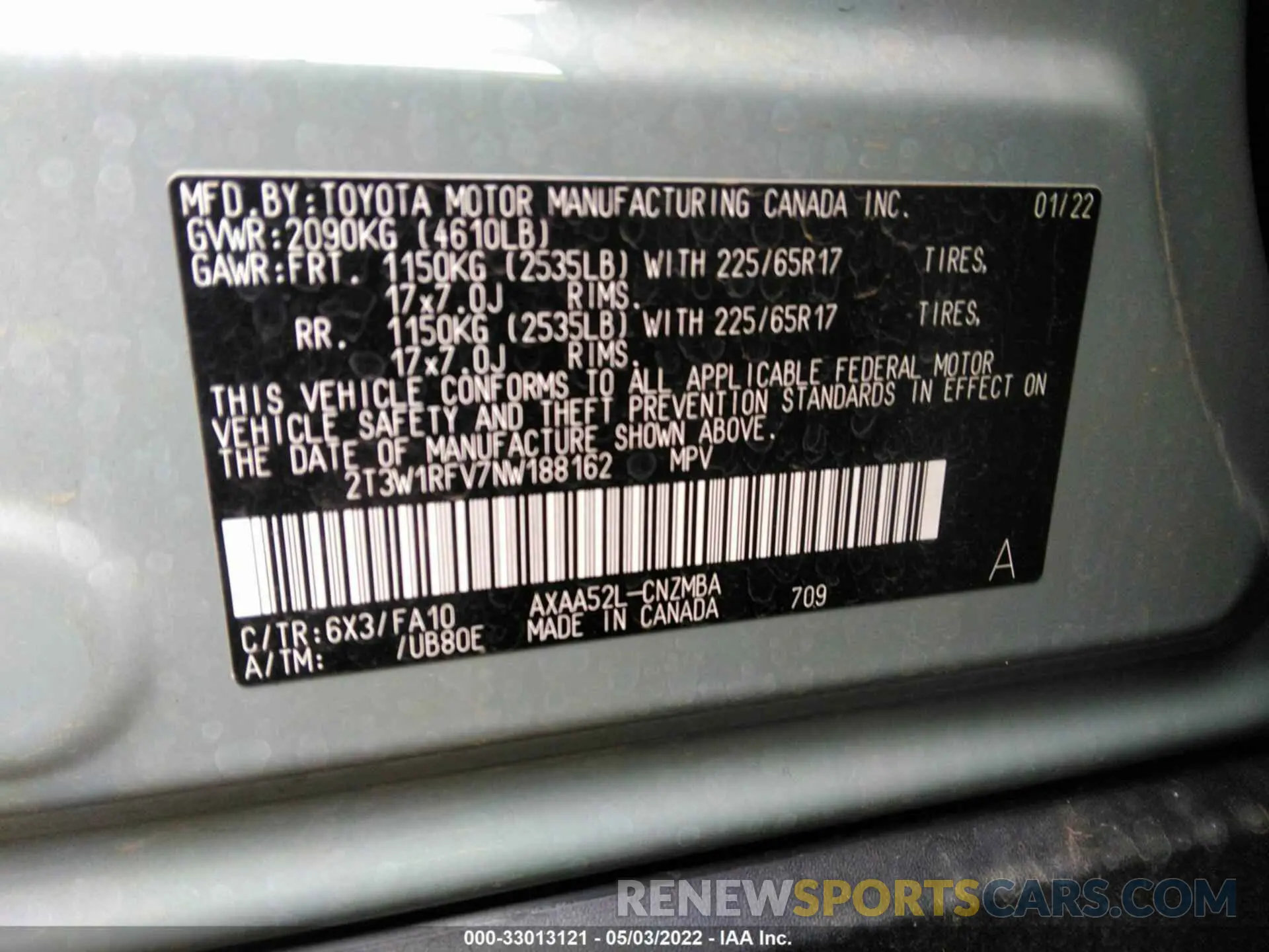9 fotografías del automóvil dañado 2T3W1RFV7NW188162 TOYOTA RAV4 2022