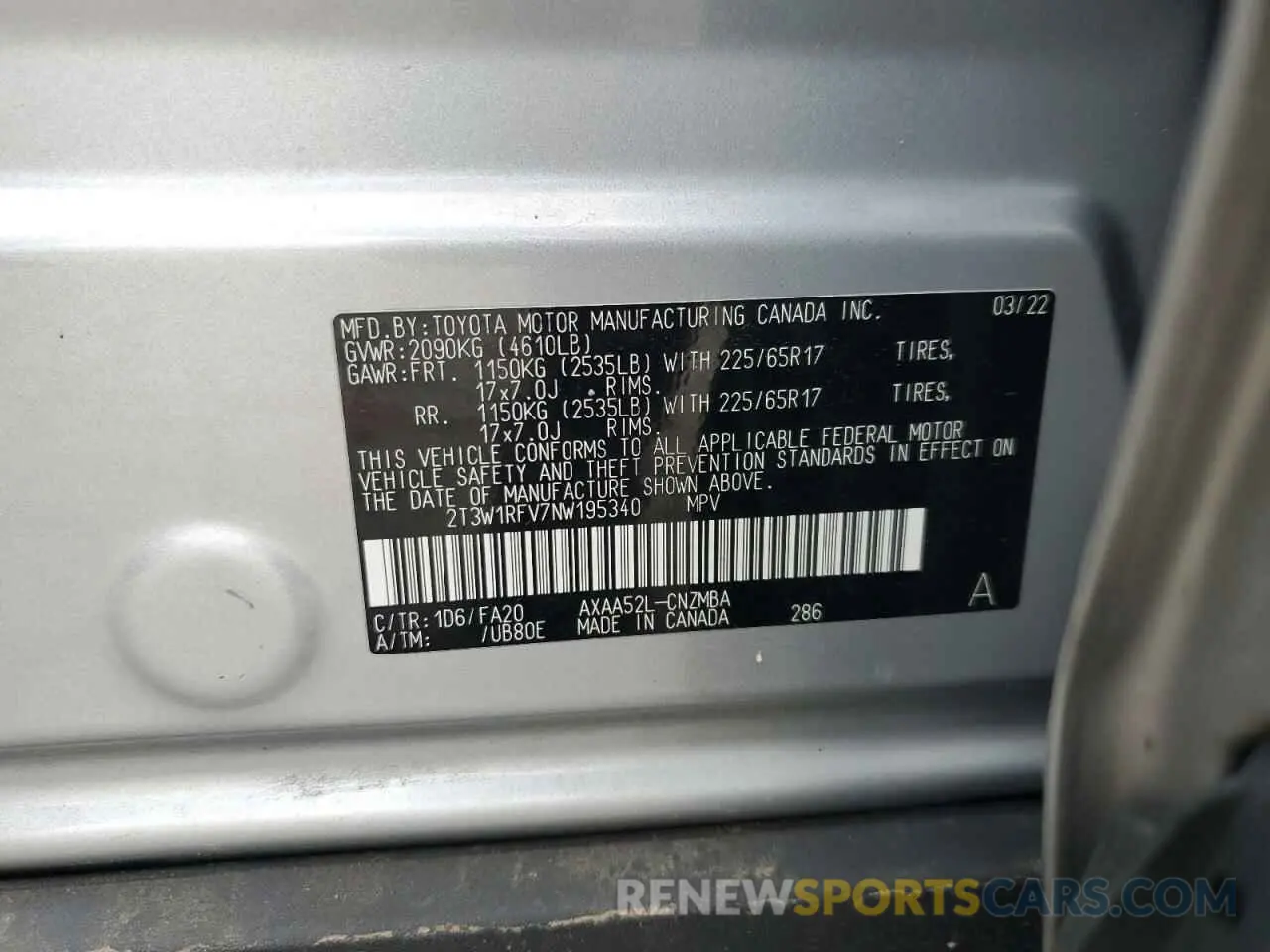 14 fotografías del automóvil dañado 2T3W1RFV7NW195340 TOYOTA RAV4 2022