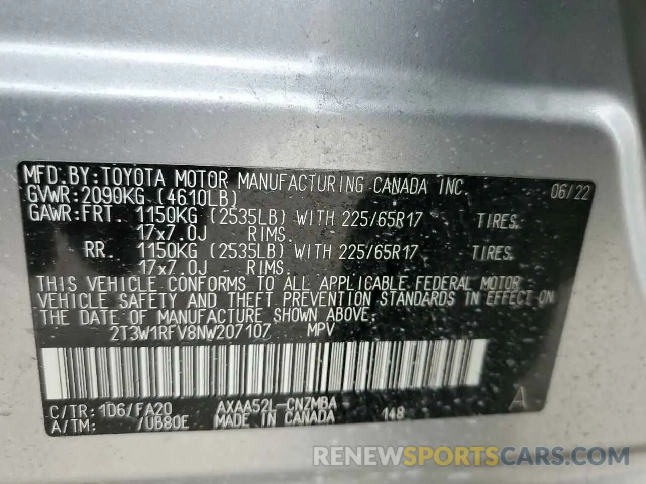 13 fotografías del automóvil dañado 2T3W1RFV8NW207107 TOYOTA RAV4 2022