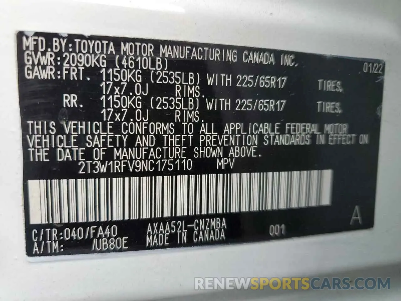 16 fotografías del automóvil dañado 2T3W1RFV9NC175110 TOYOTA RAV4 2022