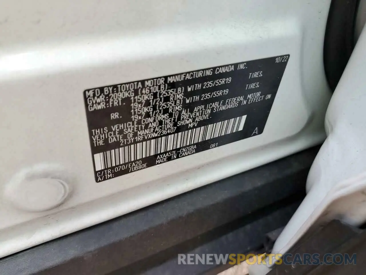 13 fotografías del automóvil dañado 2T3Y1RFVXNW236407 TOYOTA RAV4 2022